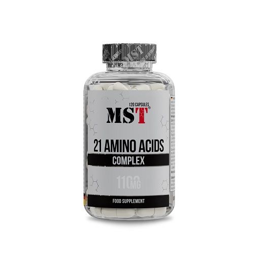 Klare Flasche mit weißen Kapseln. Aufschrift: MST 21 Amino Acids Complex, 110mg, 120 Kapseln. Nahrungsergänzungsmittel.