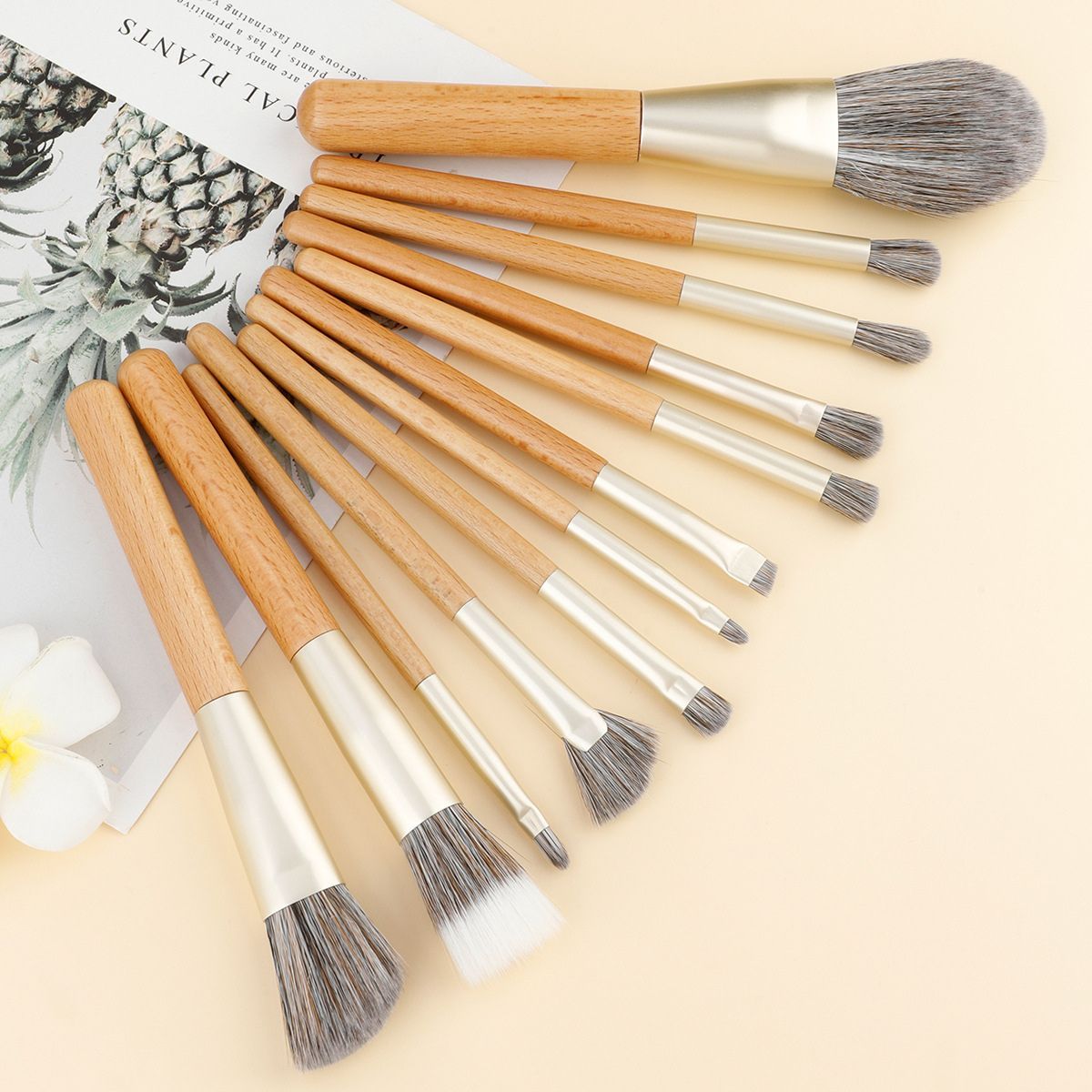 Set mit 10 Make-up-Pinsel mit Holzgriffen und silbernen Zwingen.