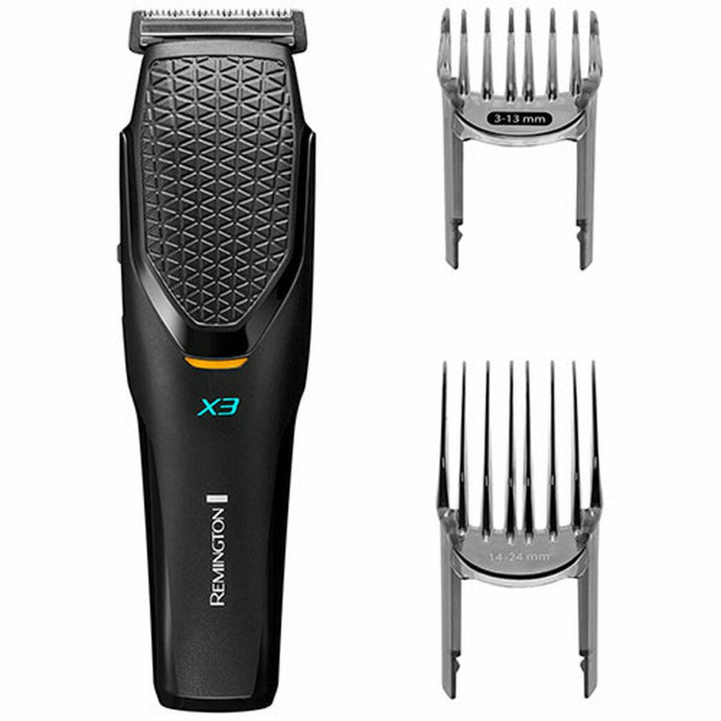 Schwarzer Haarschneider mit X3-Logo und Remington-Schriftzug. Zwei Aufsätze. Aufsätze mit Größenangaben.