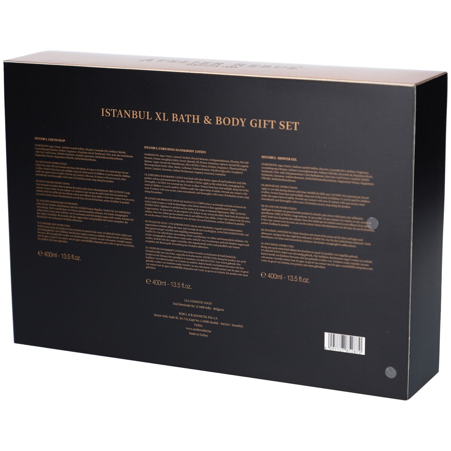 Schwarze Geschenkbox mit goldfarbenem Text. Aufschrift: Istanbul XL Bath & Body Gift Set. Text in drei Spalten, Produktinformationen.
