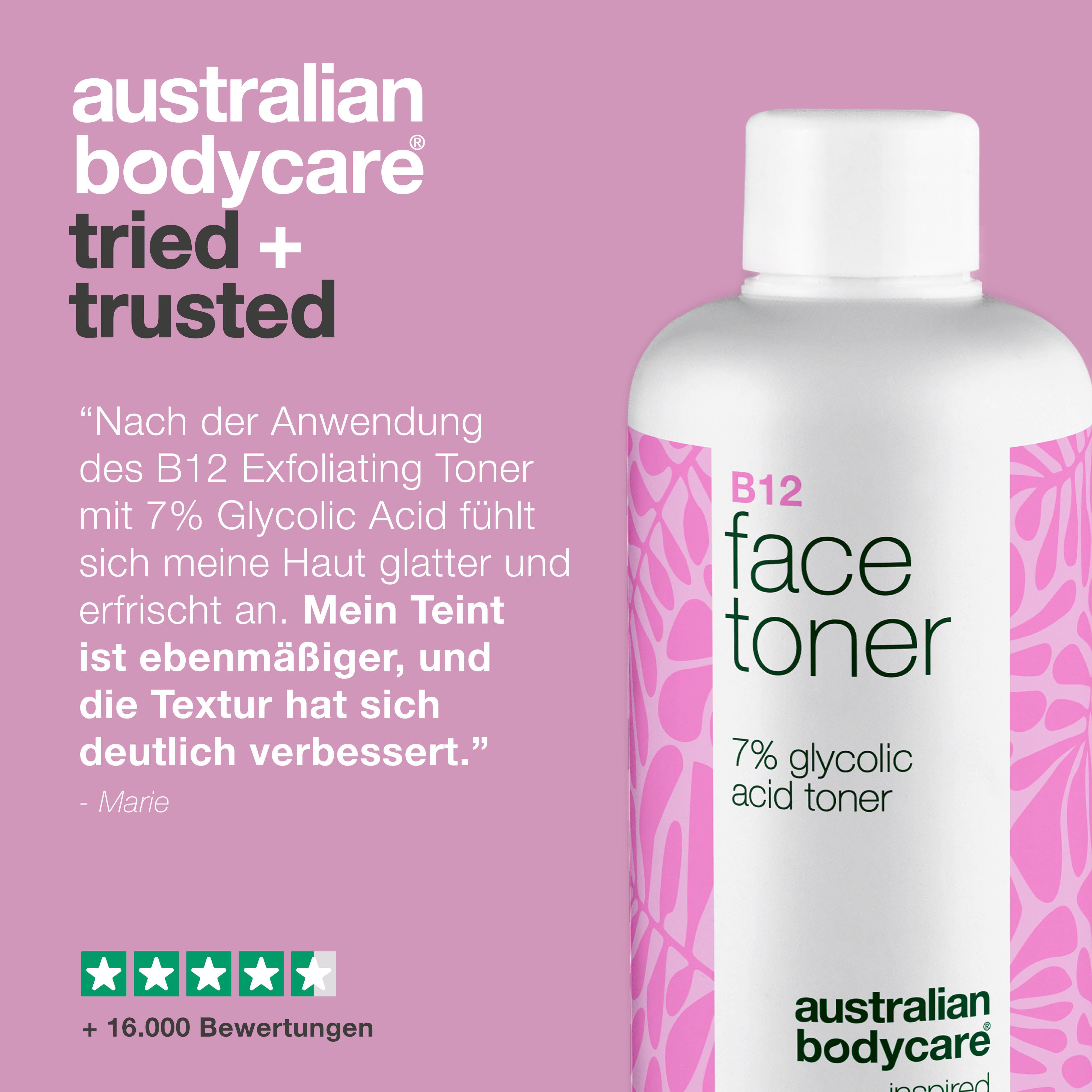 Produktflasche mit Text und Sternen. Text: 'Tried + Trusted'. Gesichtswasser mit B12 und 7% Glykolsäure. Marke: Australian Bodycare.