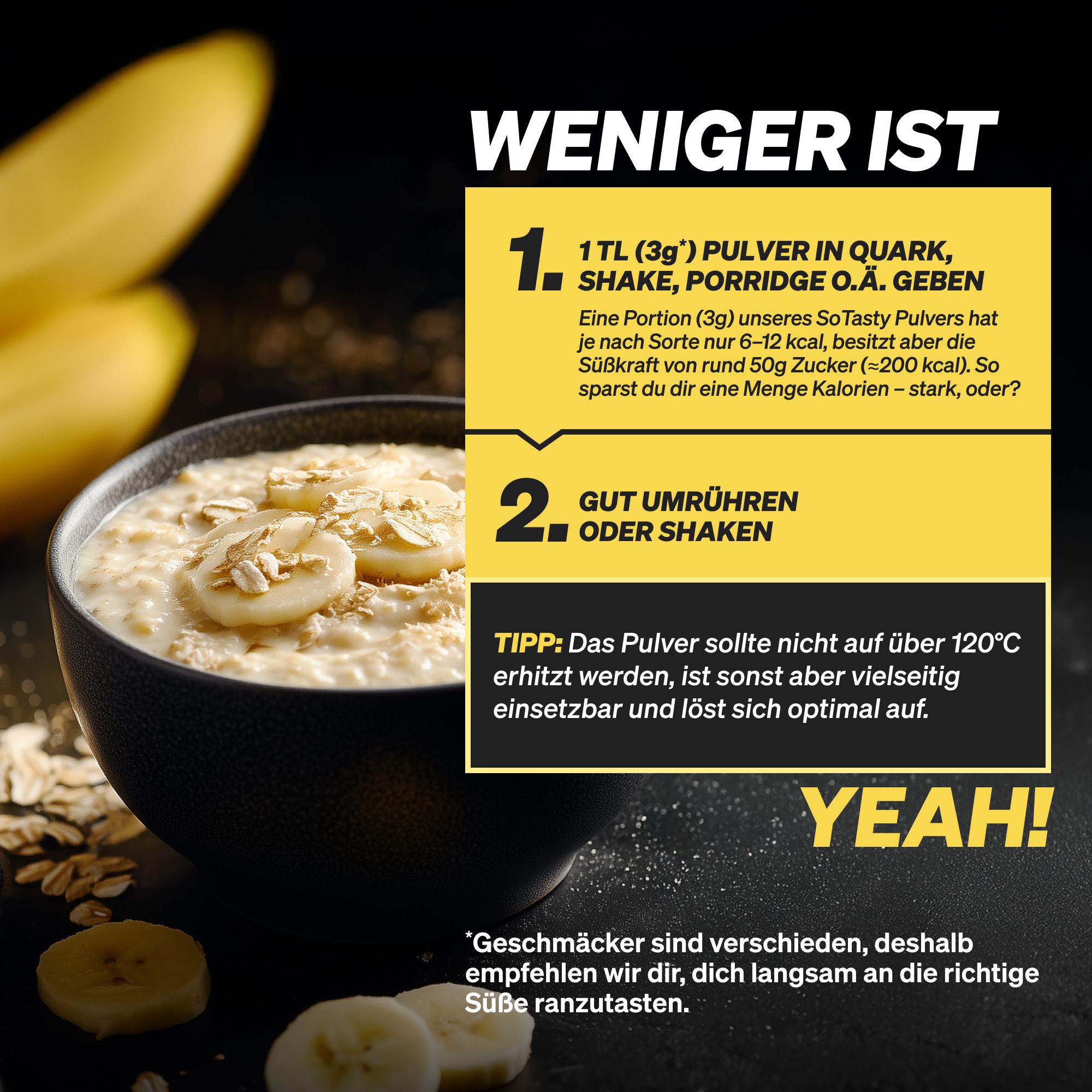 Schüssel mit Haferflocken, garniert mit Bananenscheiben und Haferflocken. Bananen liegen daneben.