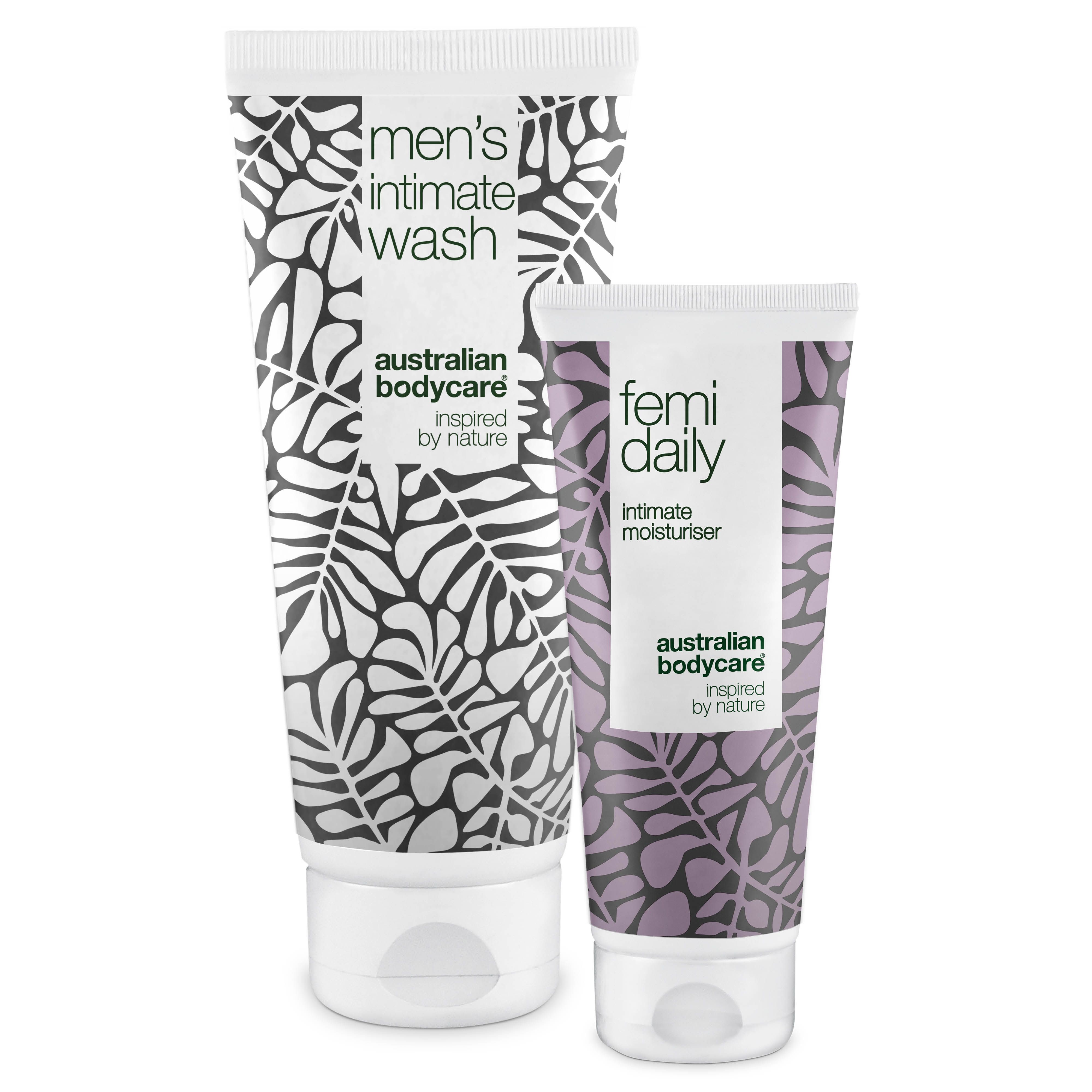 Zwei Tuben: Intimwaschgel und Feuchtigkeitspflege. Weiß mit floralem Muster. Marke: Australian Bodycare.