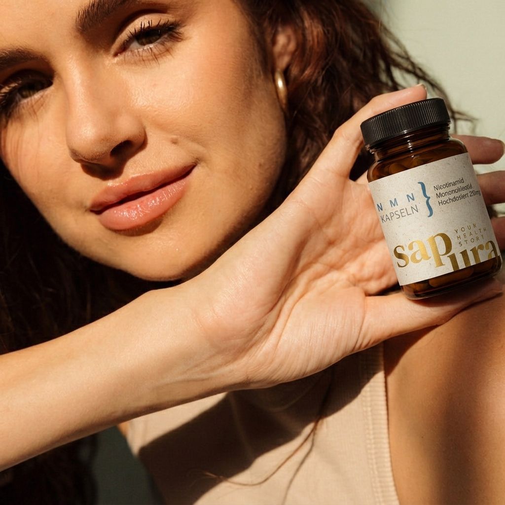 Frau hält braune Flasche mit Kapseln. Aufschrift: NMN Kapseln, Sapura. Nahaufnahme.