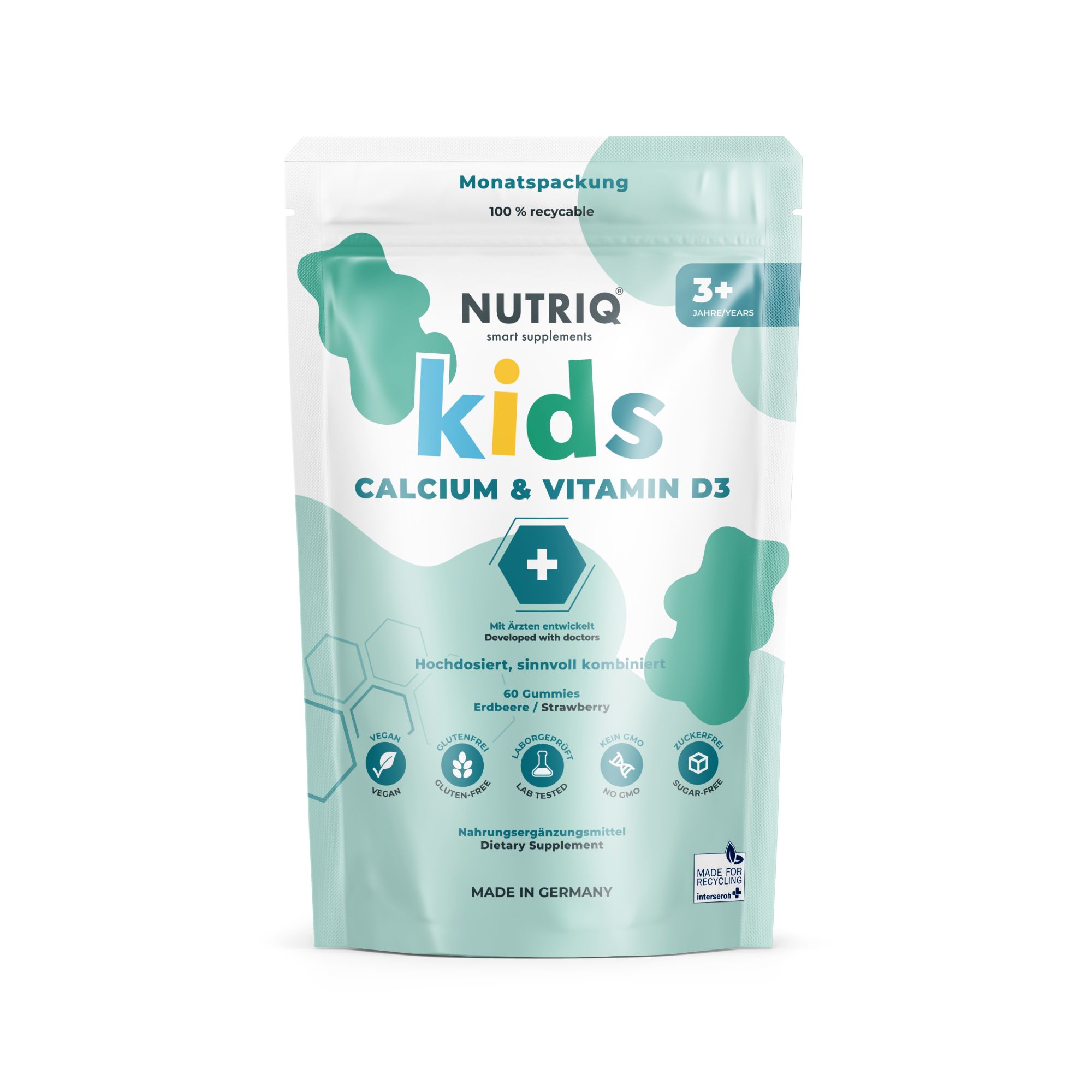 Beutel mit NUTRIQ kids Calcium & Vitamin D3. Enthält 60 Gummibärchen. Aufschrift: 3+ Jahre, Erdbeer-Geschmack, 100% recycelbar.
