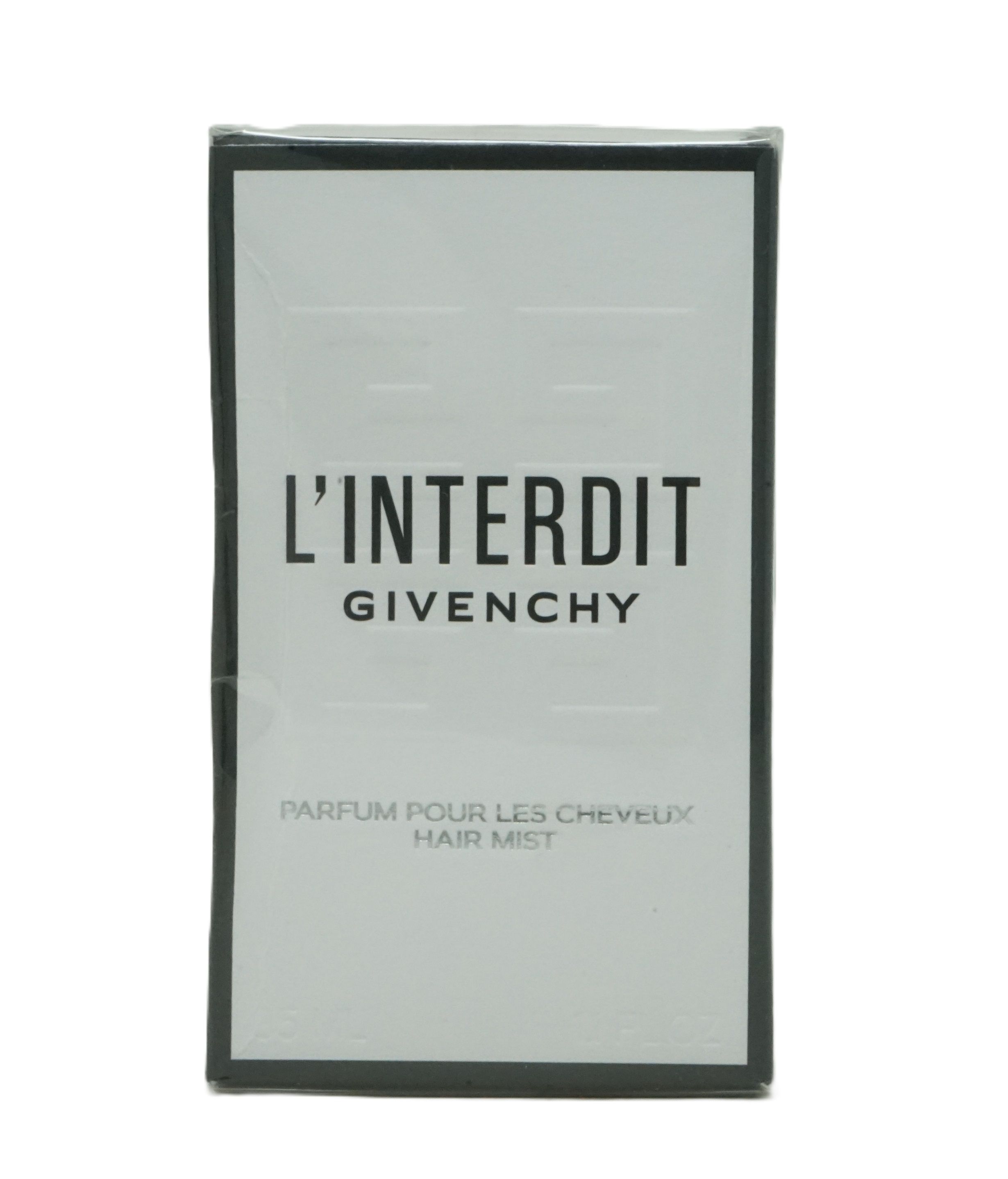 Verpackung von Givenchy L'Interdit Hair Mist. Schwarzer Rahmen, weißer Hintergrund. Text: L'Interdit Givenchy, Parfum pour les cheveux Hair Mist.