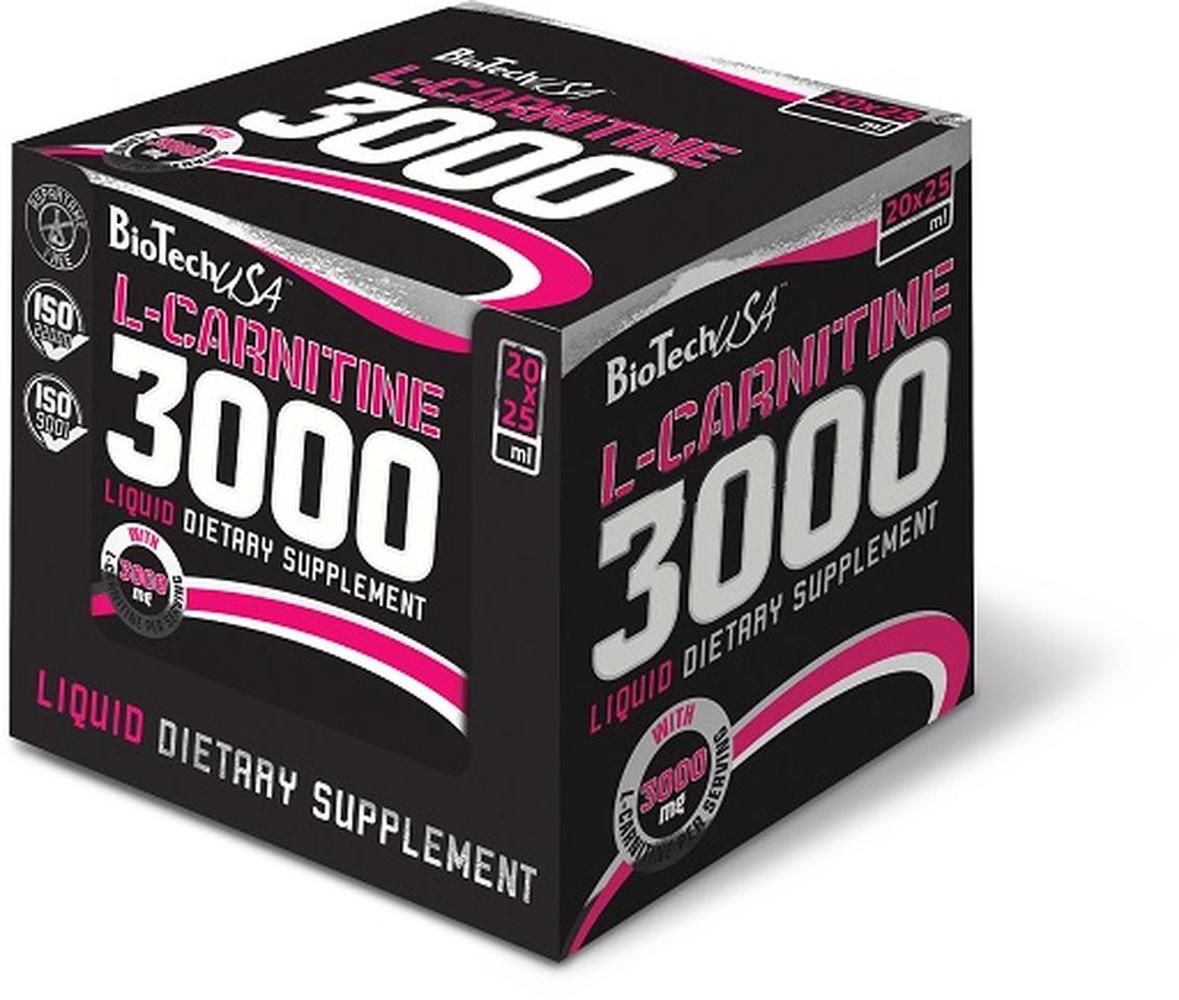 Schwarzer Karton mit pinkfarbenen Akzenten. Aufschrift: BioTechUSA L-Carnitine 3000, flüssiges Nahrungsergänzungsmittel. ISO-Zertifizierungen.