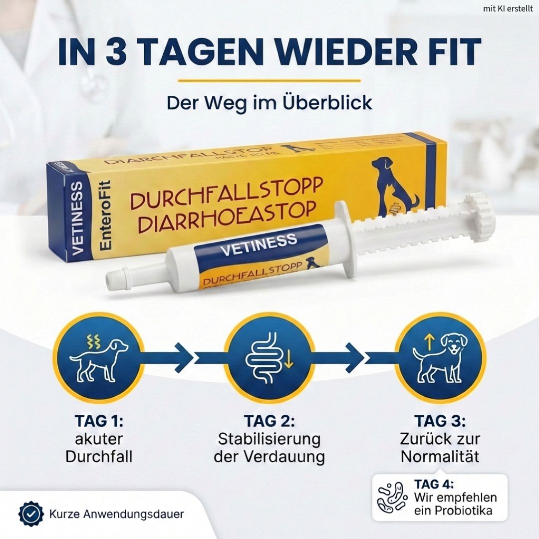 3-Tage-Plan zur Genesung. Produkt: Vetiness Durchfallstopp Paste. Schritte: akuter Durchfall, Stabilisierung, Normalität. Empfehlung: Probiotika.