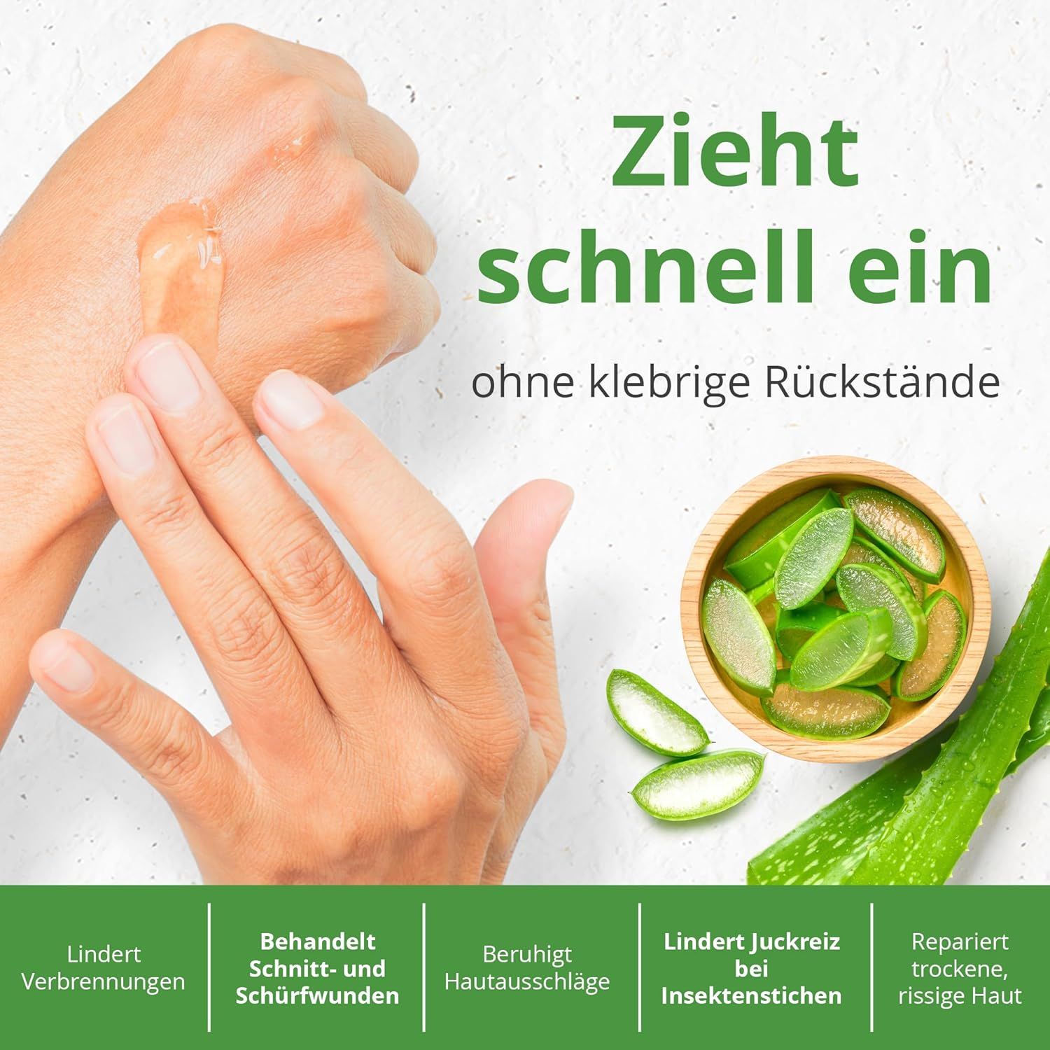 Hände mit Gel. Aloe Vera Blätter und Schale. Text: Zieht schnell ein ohne klebrige Rückstände. Lindert Verbrennungen, etc.