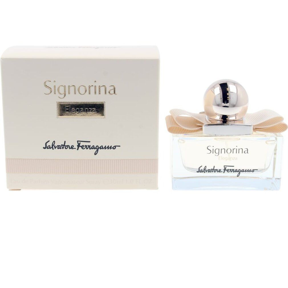 Parfümflakon und Verpackung. Flakon mit Schleife und goldfarbenem Verschluss. Aufschrift: Signorina Eleganza, Salvatore Ferragamo.
