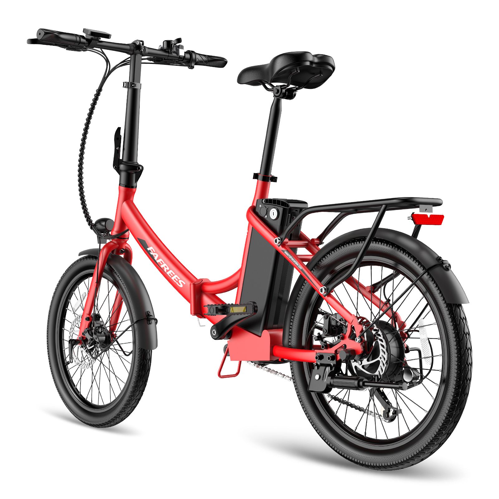 Rotes Fafrees F20Light E-Bike. Schwarze Komponenten, Gepäckträger, Kotflügel. Rückansicht.