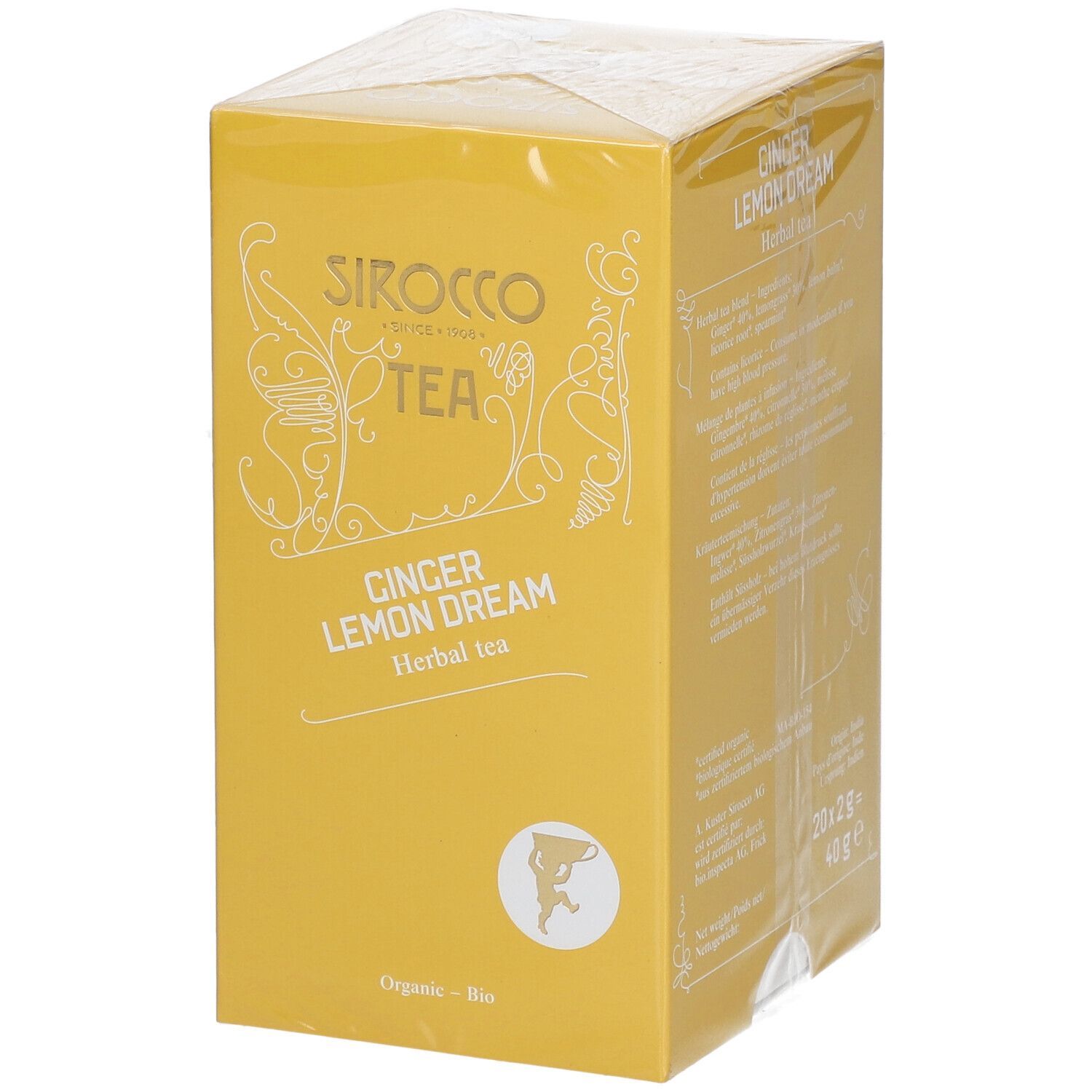 Gelbe Verpackung, eingeschweißt. "Sirocco Tea Ginger Lemon Dream". Logo und Produktbezeichnung. Bio-Zertifizierung.