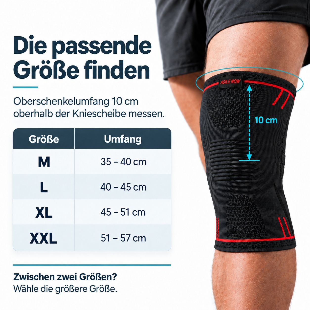 Größentabelle für Kniebandagen: M (35-40cm), L (40-45cm), XL (45-51cm), XXL (51-57cm).