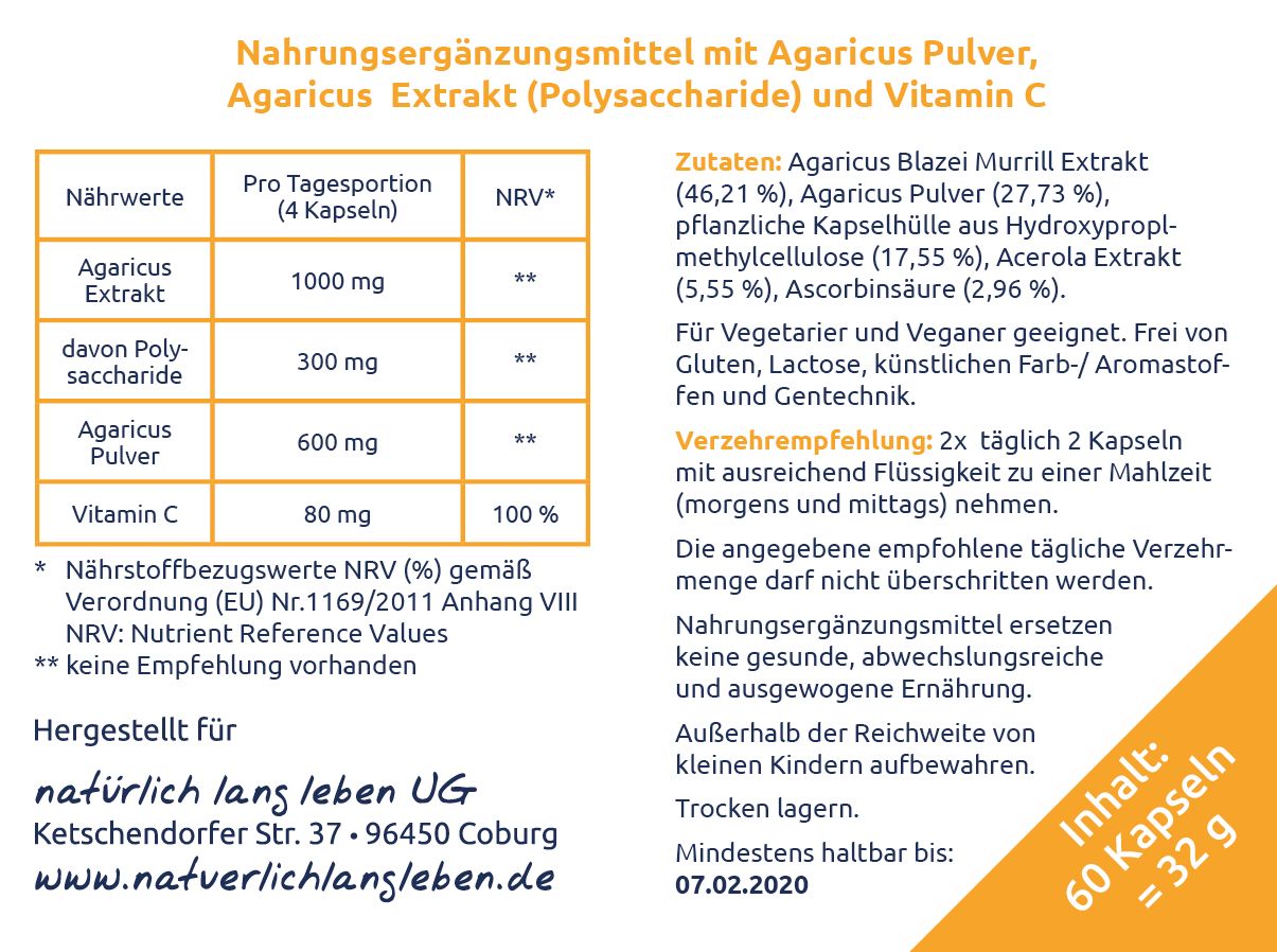 natürlich lang leben BIO Agaricus Extrakt + Pulver
