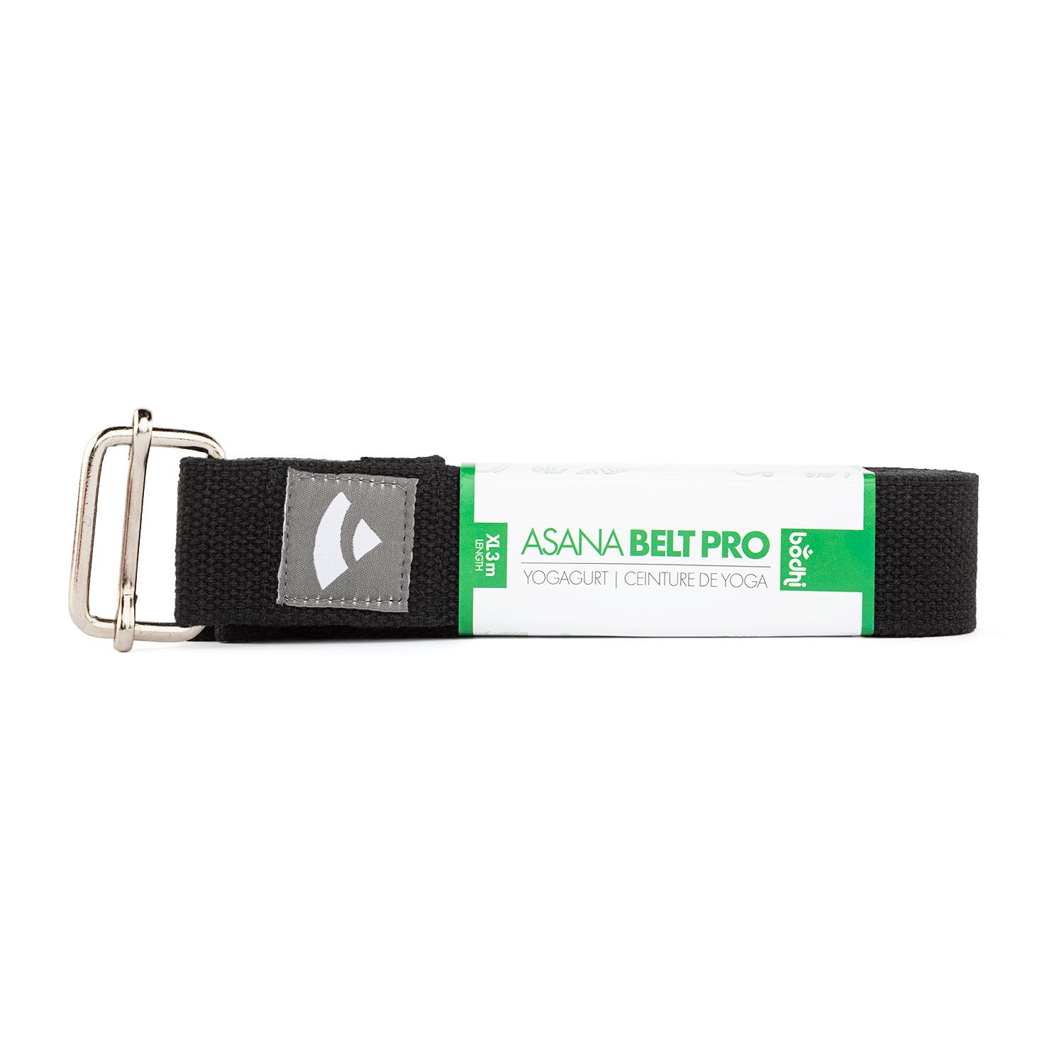 Schwarzer Asana Belt Pro aus Baumwolle. Mit Metallschnalle und Logo. Verpackung mit Produktnamen.