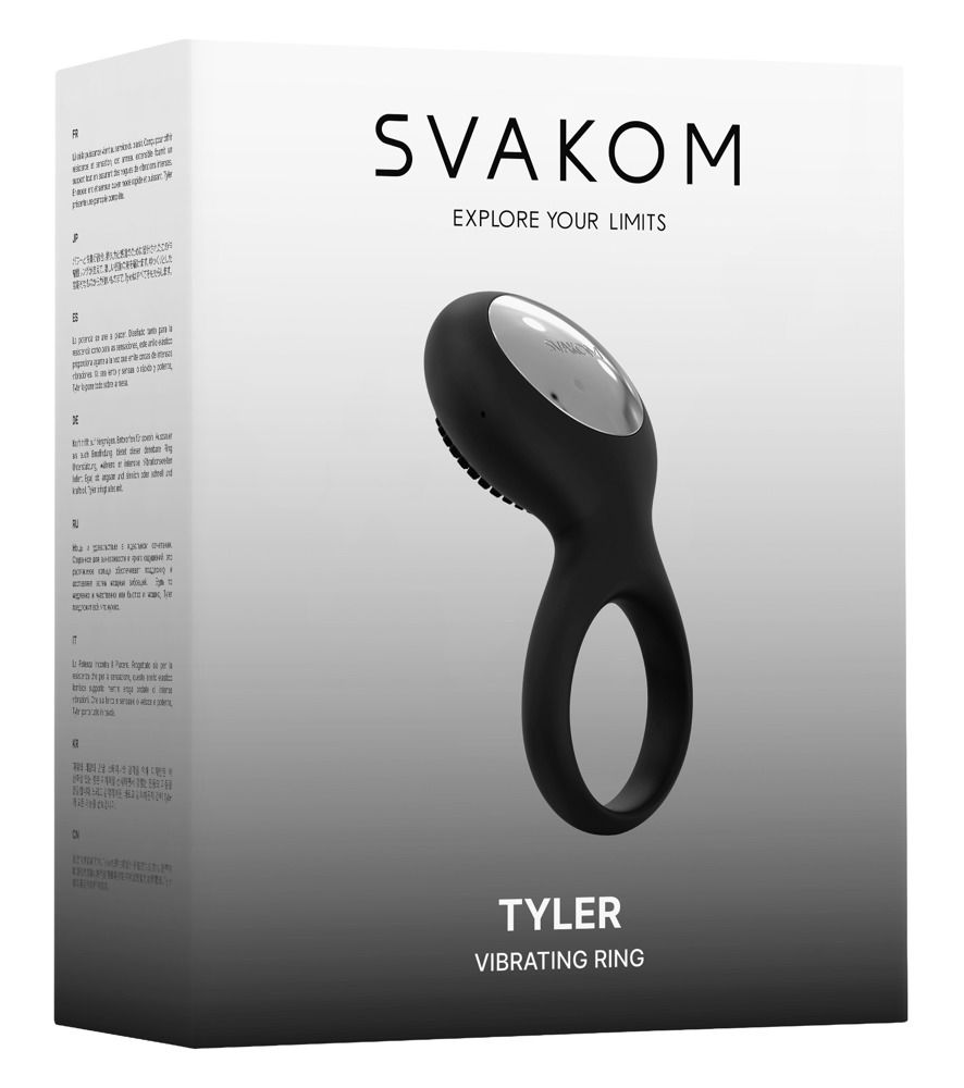 Schwarzer Vibrationsring in Verpackung. Marke SVAKOM, Modell Tyler. Text: Explore Your Limits. Produktname und Beschreibung.