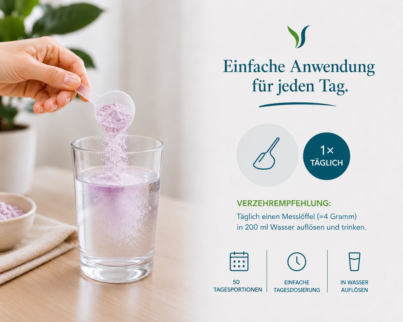 Grafik zur einfachen Anwendung von Vitalsee Collagen Beauty: Pulver wird in Wasser aufgelöst.