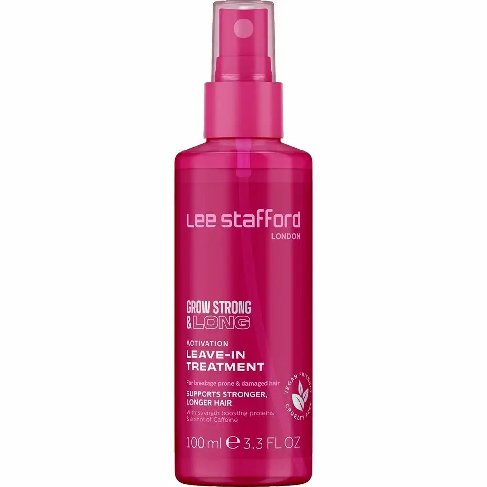 Rosa Sprühflasche. Beschriftung: Grow Strong & Long Leave-In Treatment. Marke: Lee Stafford. Vegan-Logo. Aufschrift: 100 ml.
