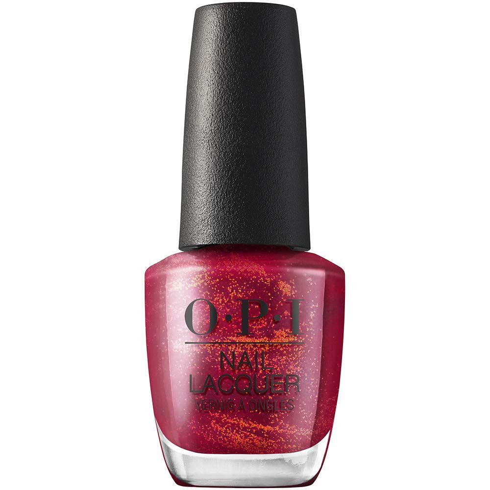 OPI Nagellack-Flasche. Dunkelroter Lack mit Glitzer. Schwarzer Deckel. OPI-Logo und Nagellack-Schriftzug.