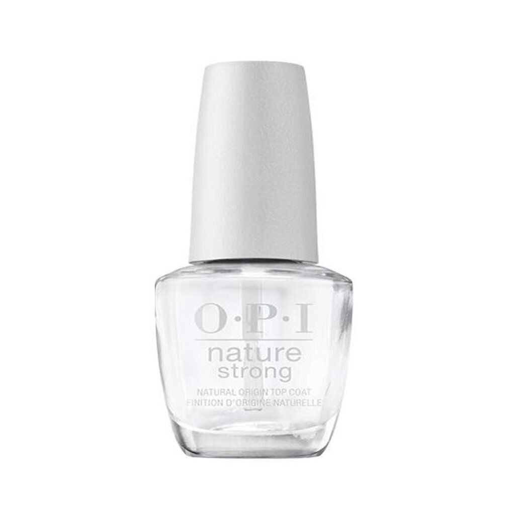 Transparenter Nagellackflakon mit weißem Deckel. OPI Nature Strong. Natürlicher Top Coat.