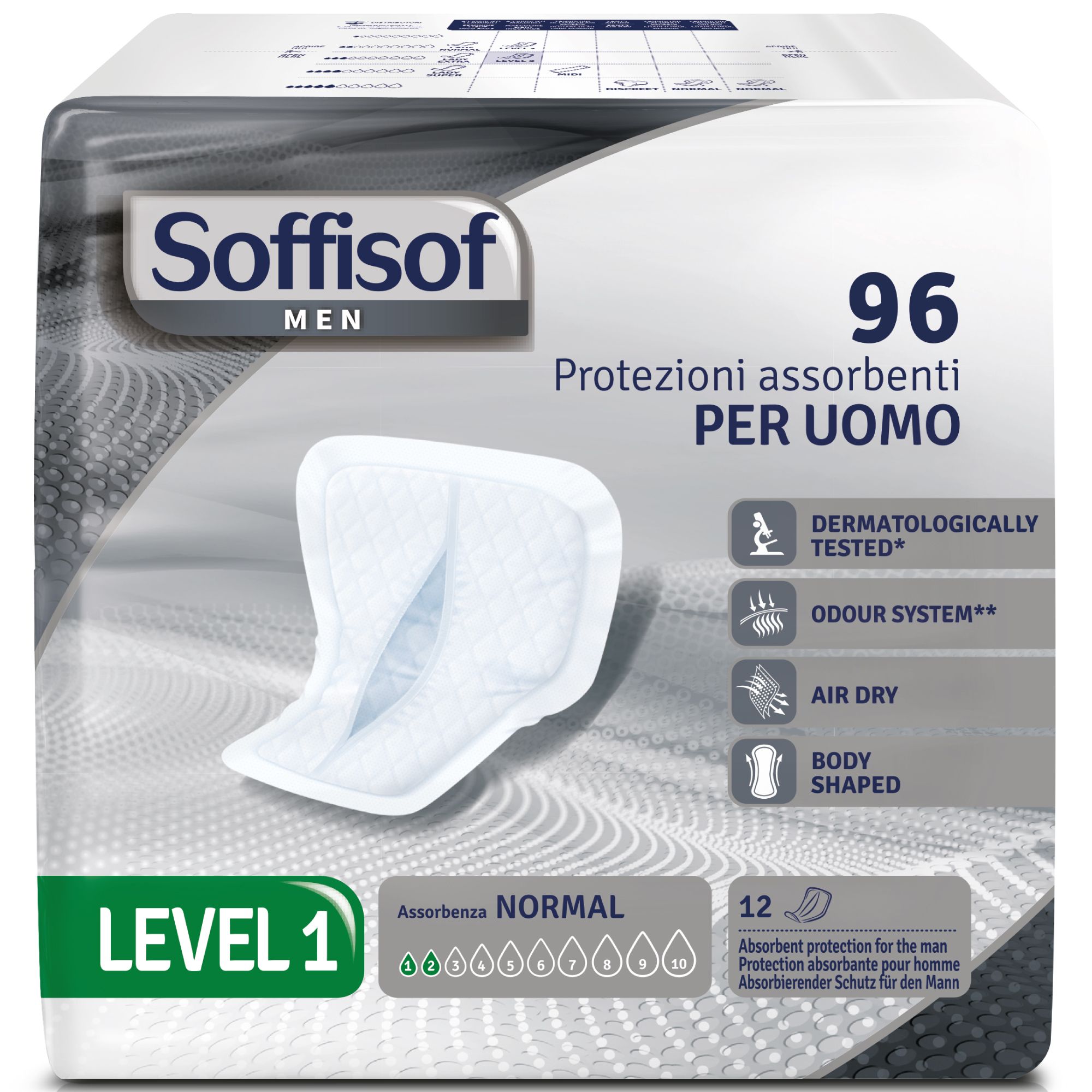 Verpackung mit Soffisof Men Inkontinenzeinlagen. 96 Stück, Level 1. Dermatologisch getestet, Geruchssystem, atmungsaktiv, körpergerecht.