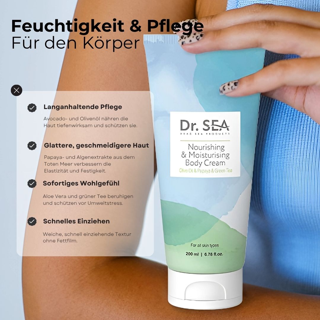 Creme-Tube mit Text. Frau hält Tube. Text: „Nourishing & Moisturising Body Cream“. Inhaltsstoffe: Avocado, Olivenöl, Papaya, Grüntee.