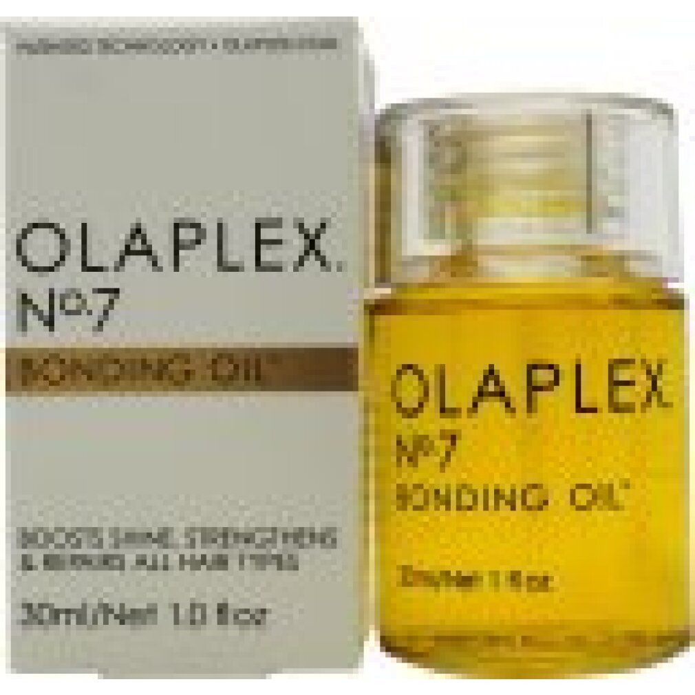 Olaplex Nr. 7 Bonding Oil. Produktflasche und Verpackung. Weiße Verpackung mit Produktinformationen.