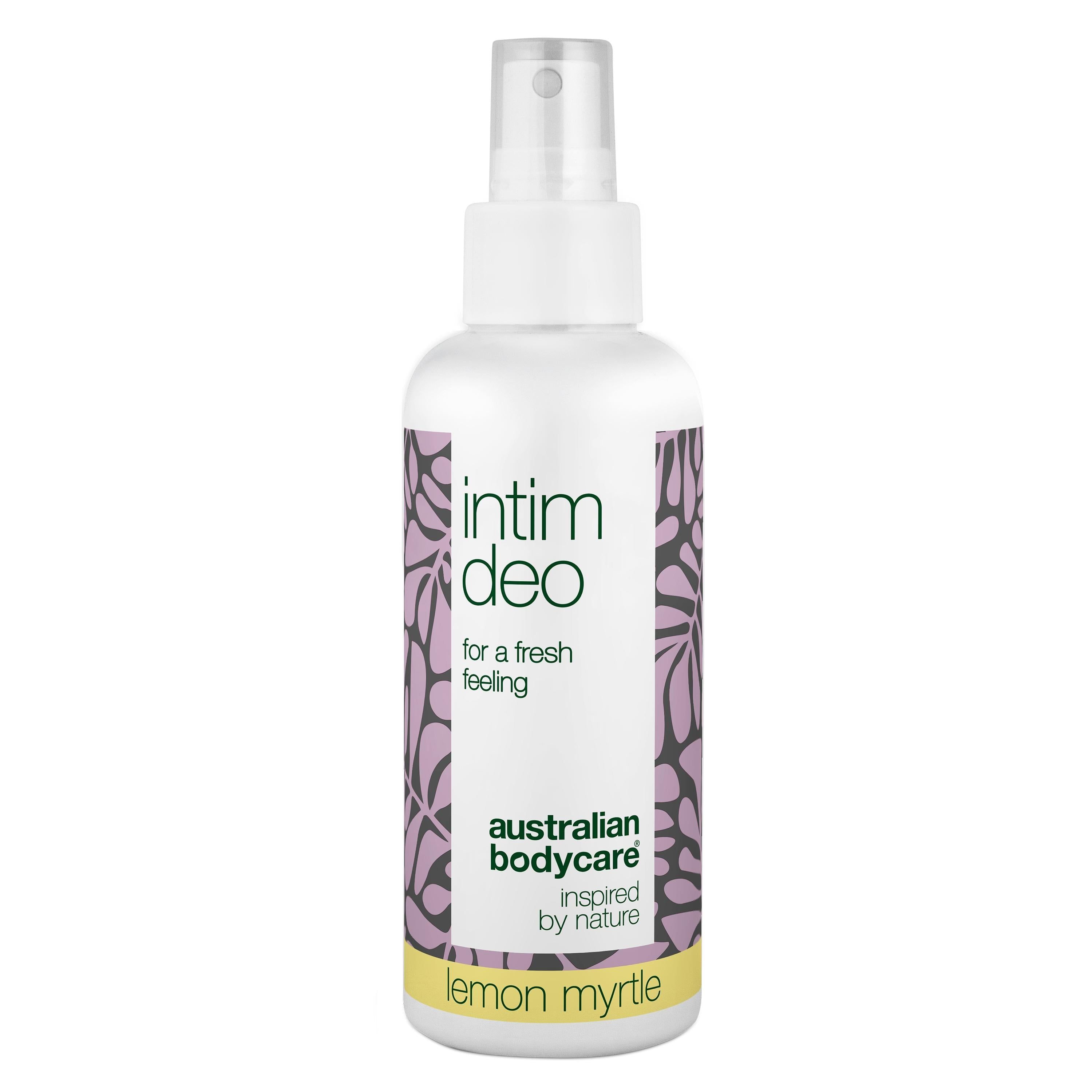 Weißes Fläschchen mit Sprühkopf. Aufschrift: Intim Deo, Australian Bodycare, Lemon Myrtle.