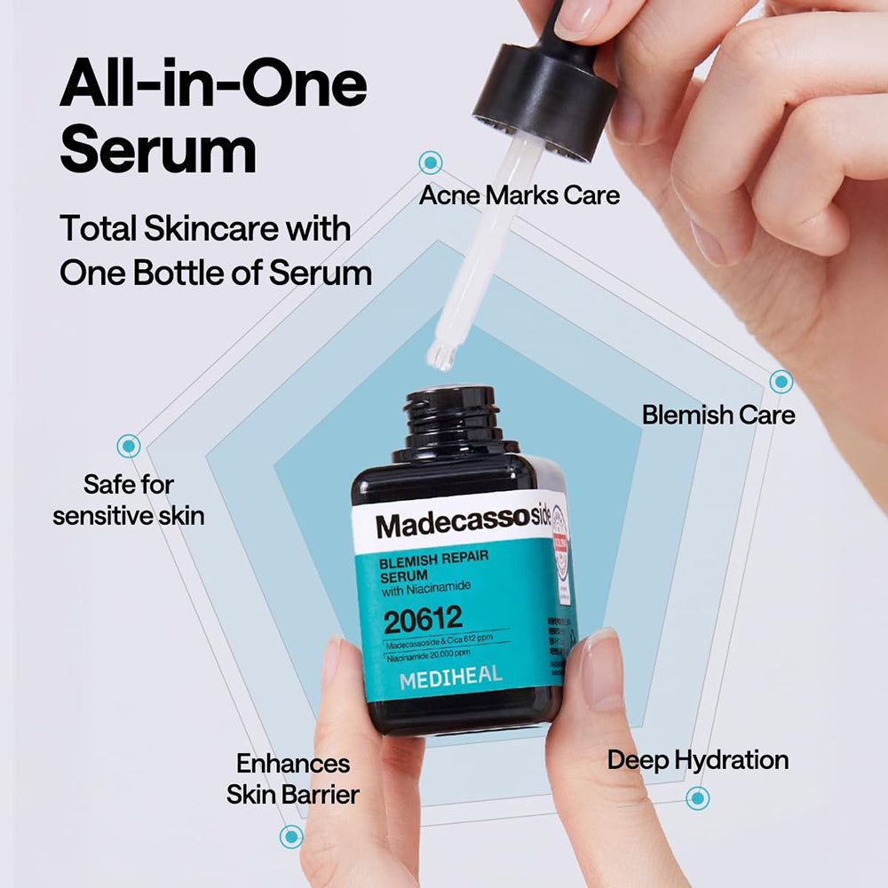 Serumflasche mit Tropfer. Schwarzer Deckel, quadratische Flasche mit blauem Etikett. Text: Madecassoside Blemish Repair Serum, 20612, MEDIHEAL.