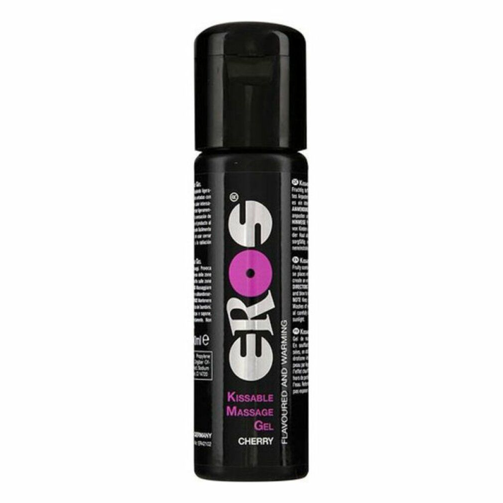 Schwarze Flasche mit schwarzem Deckel. Aufschrift: EROS, Kissable Massage Gel, Cherry.