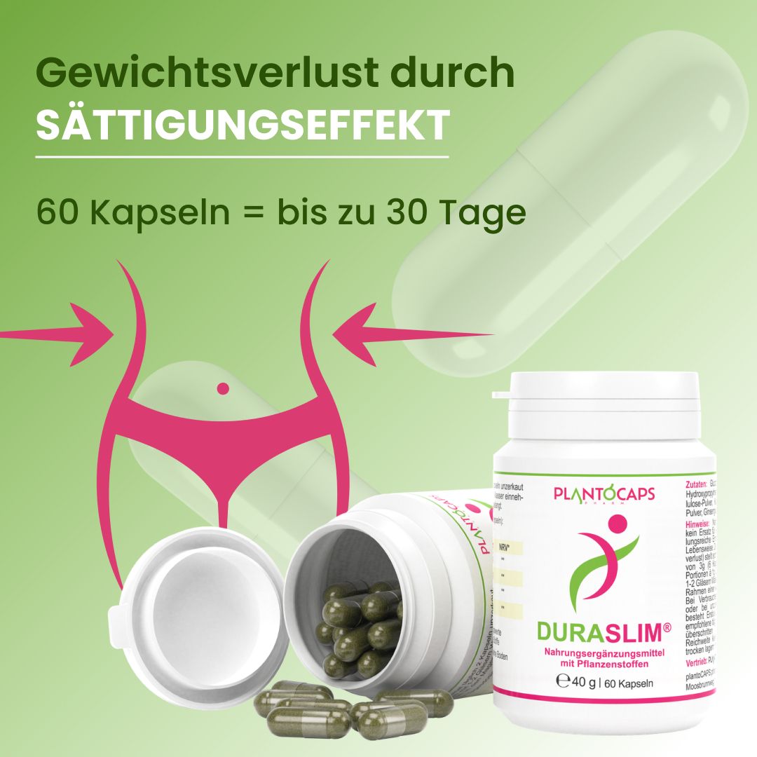 Weiße Flasche plantoCAPS DURASLIM mit Kapseln. Text: 60 Kapseln, Gewichtsverlust durch Sättigungseffekt. Geöffnete Flasche mit Kapseln.
