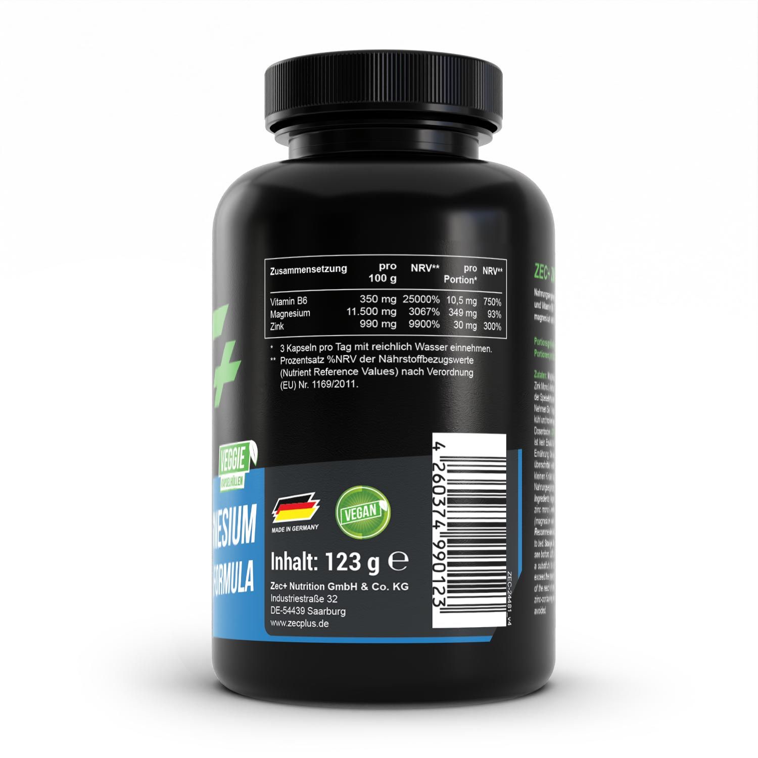 Rückseite der schwarzen Flasche. Enthält Informationen zu Inhaltsstoffen, Nährwerten und Herkunft. Vegan-Siegel und Barcode.