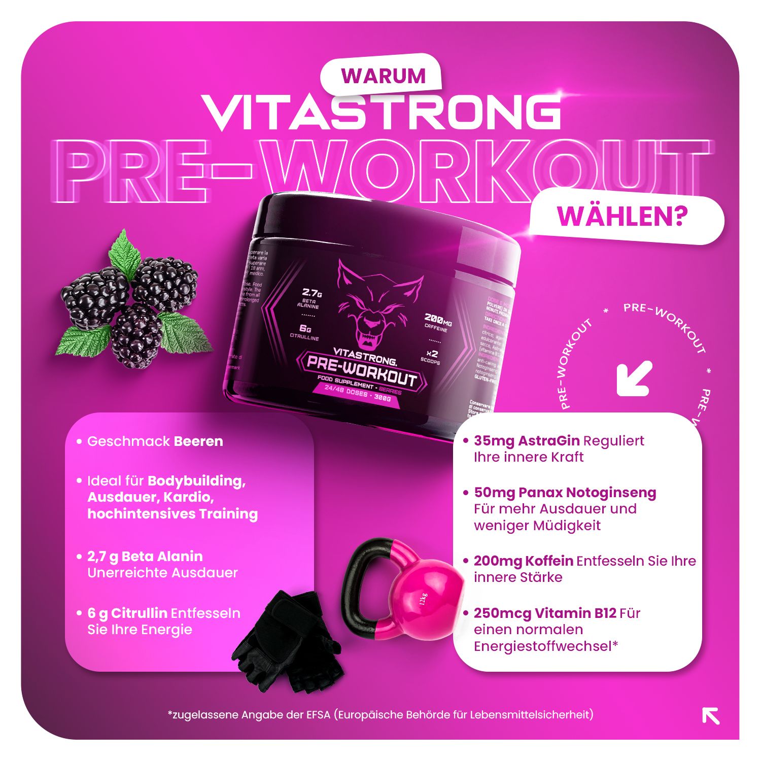 Behälter und Brombeeren. Aufschrift: Vitastrong Pre-Workout. Pinker Hintergrund. Zubehör.