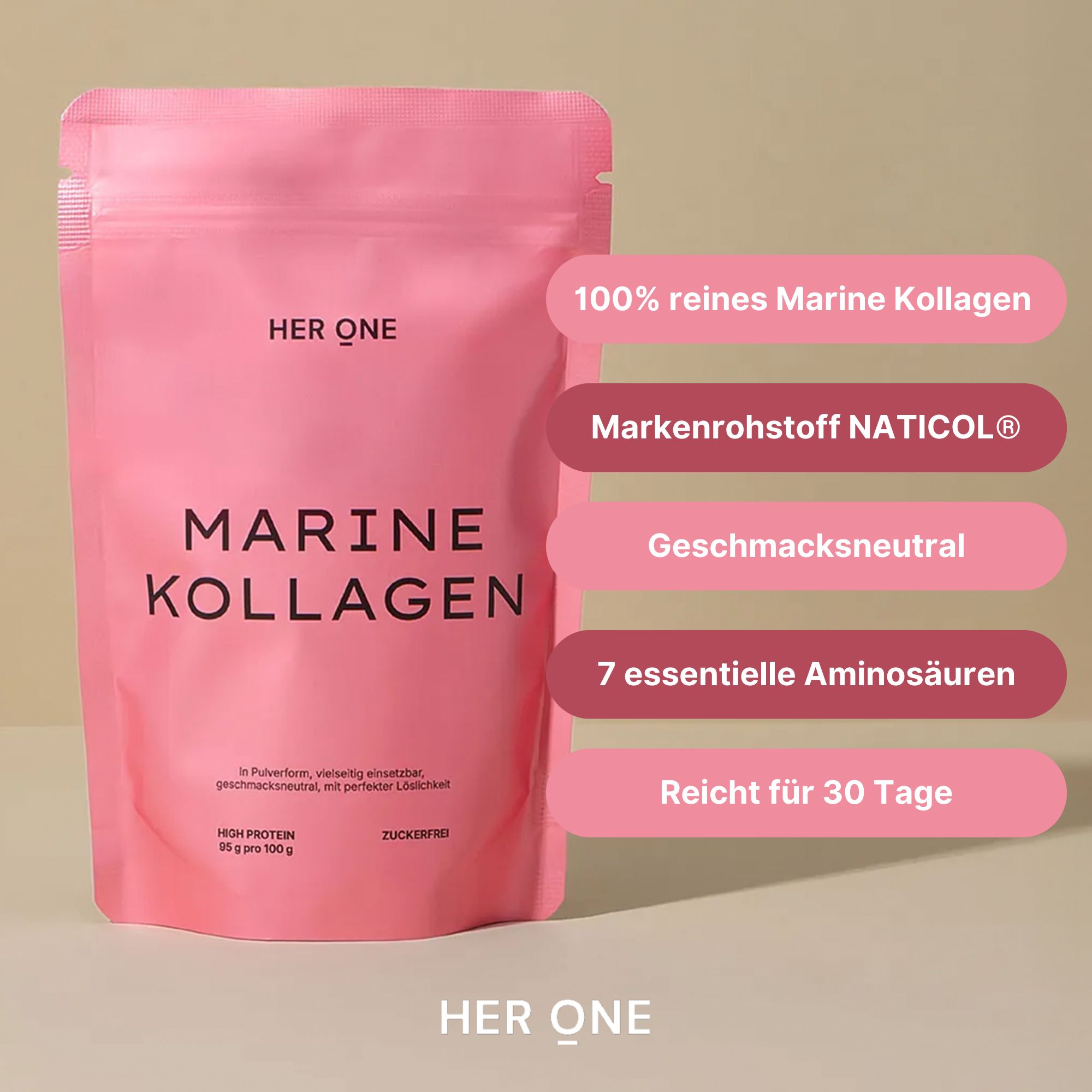 Rosa Beutel mit MARINE KOLLAGEN und HER ONE. Text: 100% reines Marine Kollagen, NATICOL, geschmacksneutral, 7 Aminosäuren, reicht für 30 Tage.