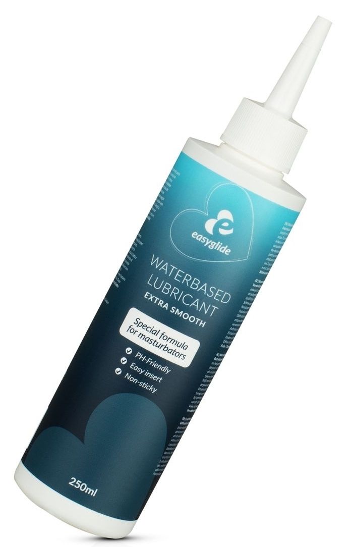 Flasche mit weißem Deckel und Applikator. Aufschrift: Easyglide Waterbased Lubricant Extra Smooth. Spezielle Formel für Masturbatoren.