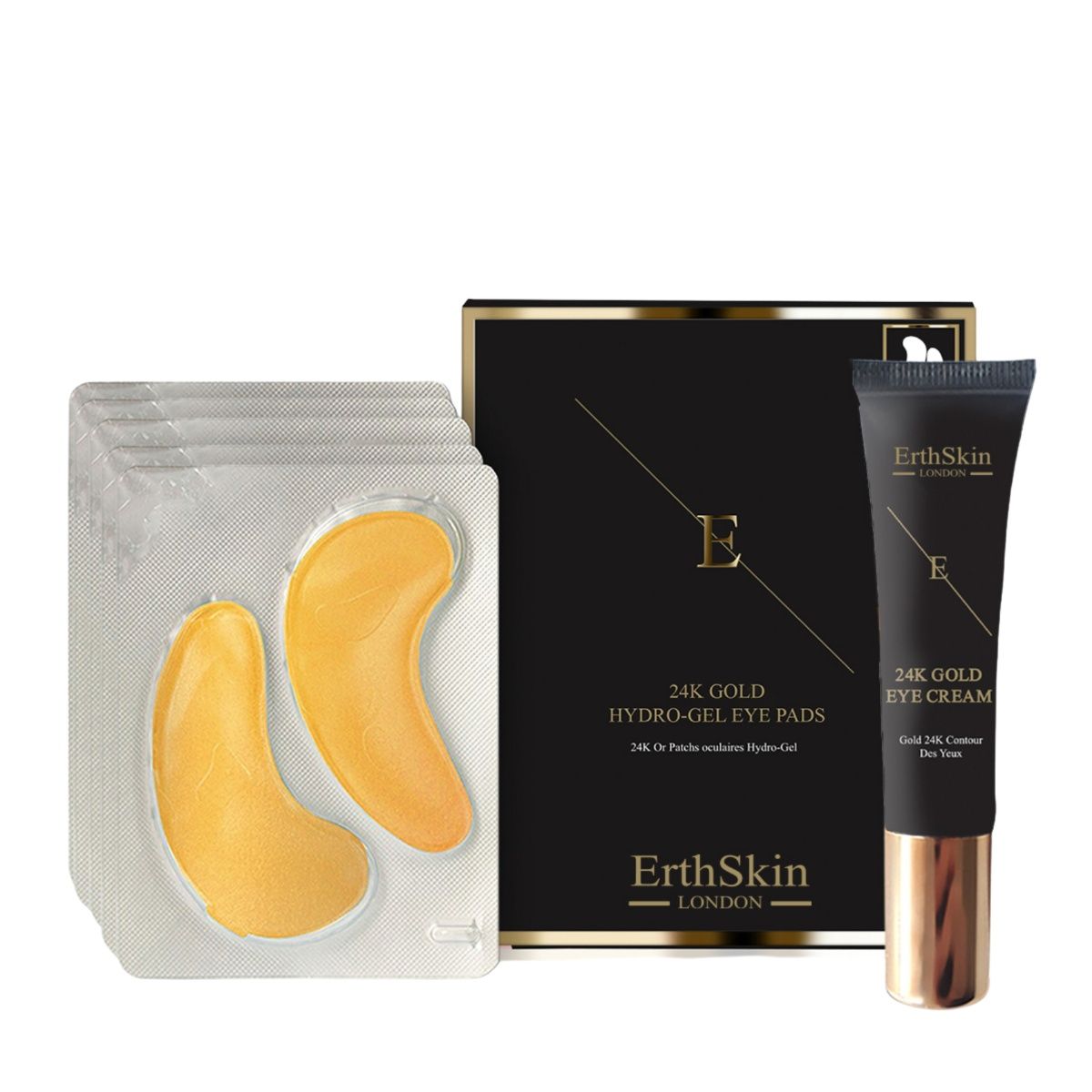 Augencreme und Augenpads-Set. Schwarze Verpackung mit Golddetails. Goldene Augenpads in Blisterverpackung. Tube mit goldener Kappe.