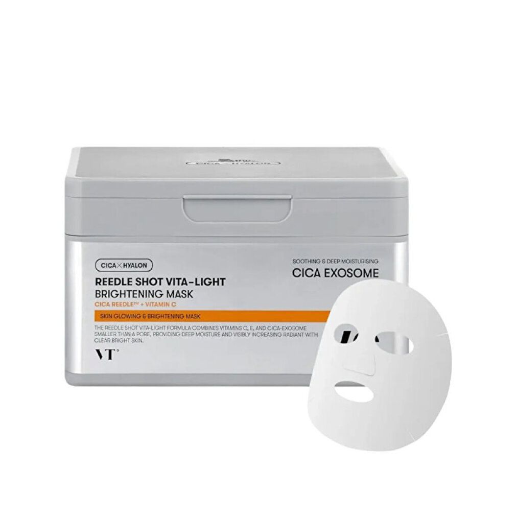 Graue Box mit Deckel und Gesichtsmaske. Aufschrift: Reedle Shot Vita-Light Brightening Mask. Marke: VT. Einzelne Maske daneben.