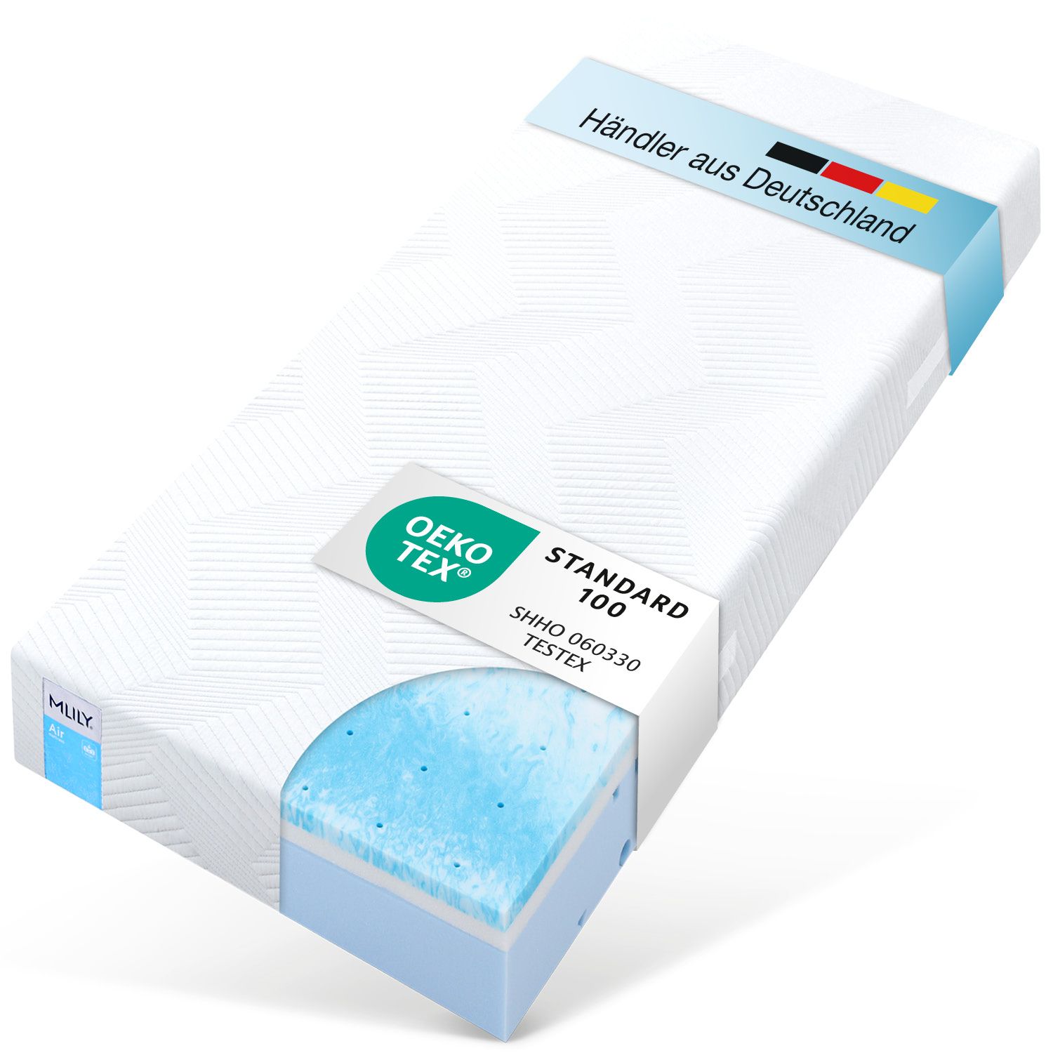 Matratze in Verpackung. Text: OEKO-TEX Standard 100. Händler aus Deutschland. MLILY-Logo.
