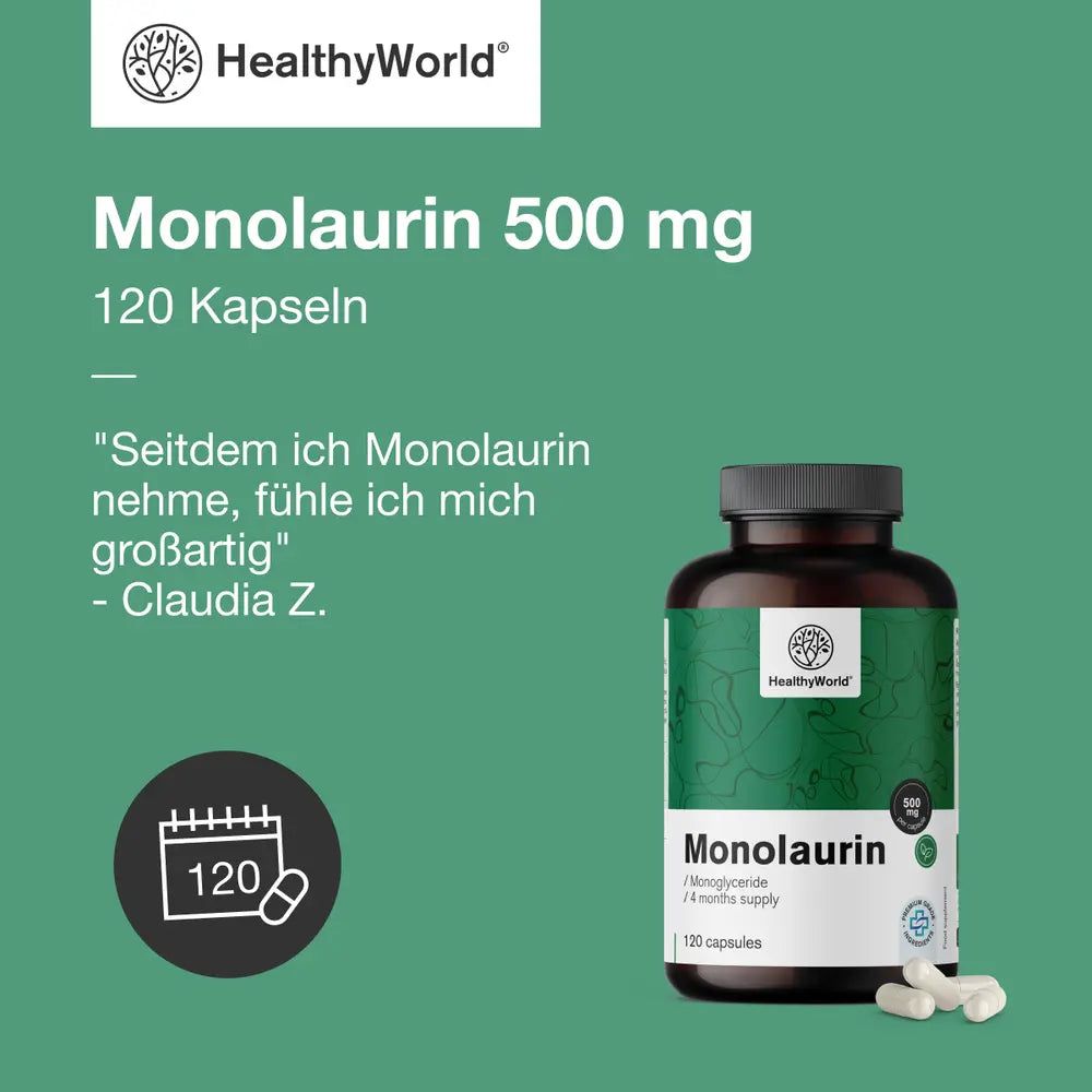 Monolaurin 500 mg, 120 Kapseln, mit Zitat.