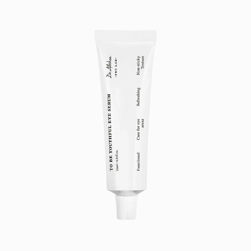 Weiße Tube mit Aufschrift "TO BE YOUTHFUL EYE SERUM". Text: "Care for eye areas", "Refreshing", "Non-sticky Texture".