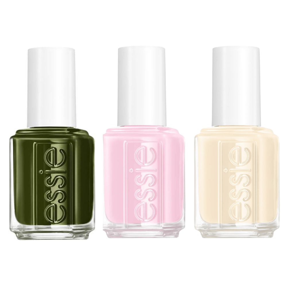 Drei Nagellackflaschen. Farben: Grün, Rosa und Beige. Weiße Deckel. Auf jeder Flasche steht "essie".
