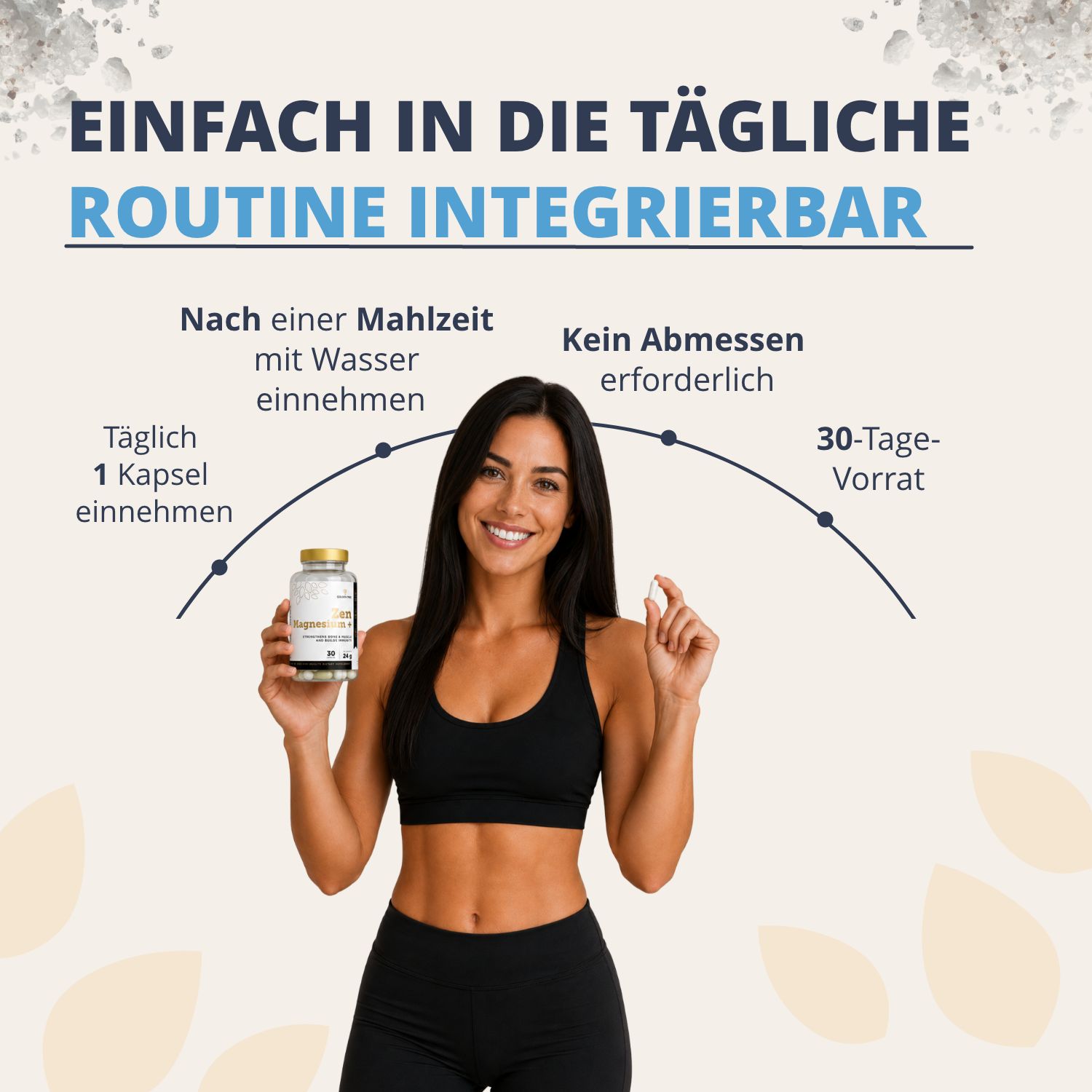 Frau hält eine Flasche Golden Tree Zen Magnesium+ und eine Kapsel, mit einer Grafik zur täglichen Einnahme.