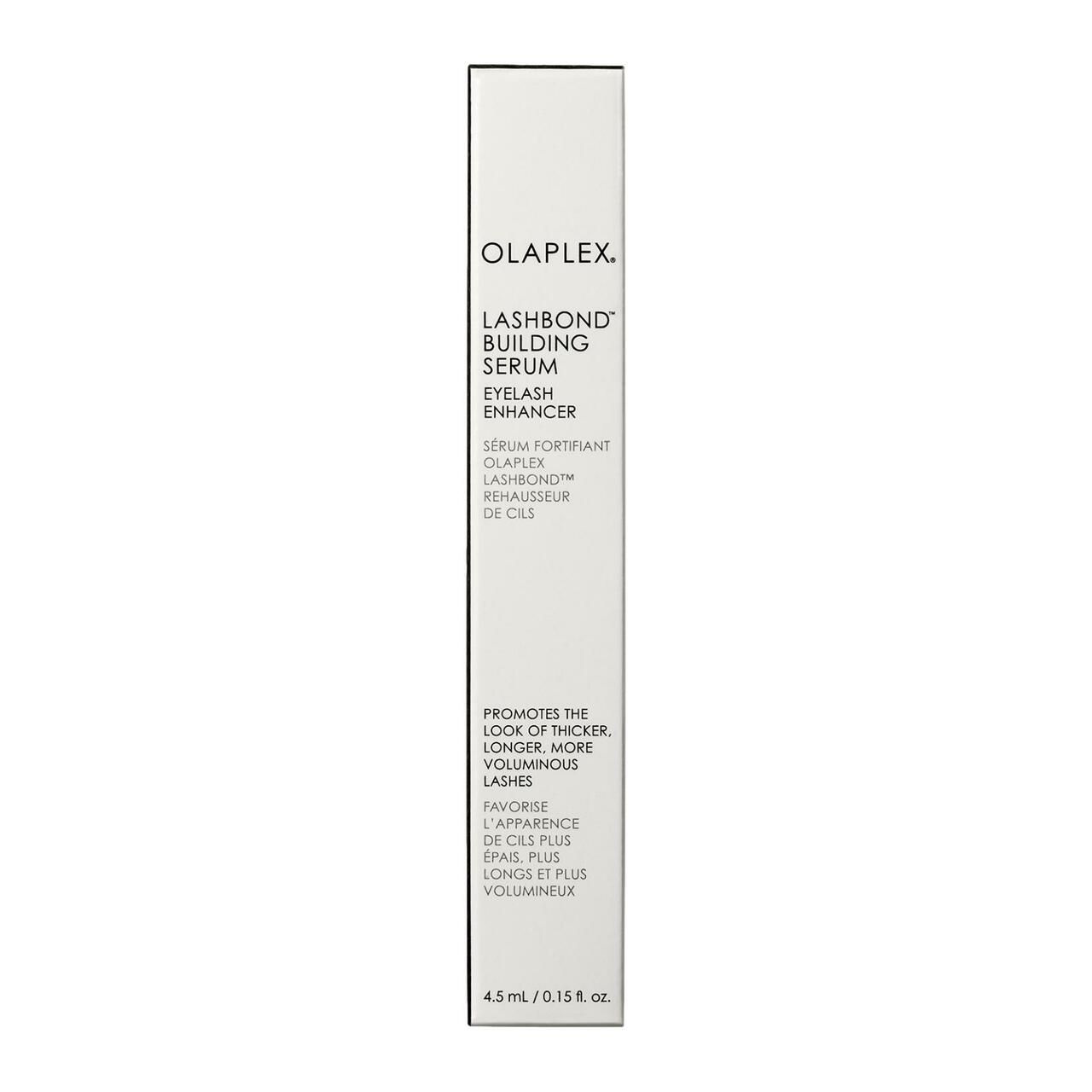 Weiße Verpackung mit Produktinformationen. "OLAPLEX" und "LASHBOND BUILDING SERUM" sind sichtbar.