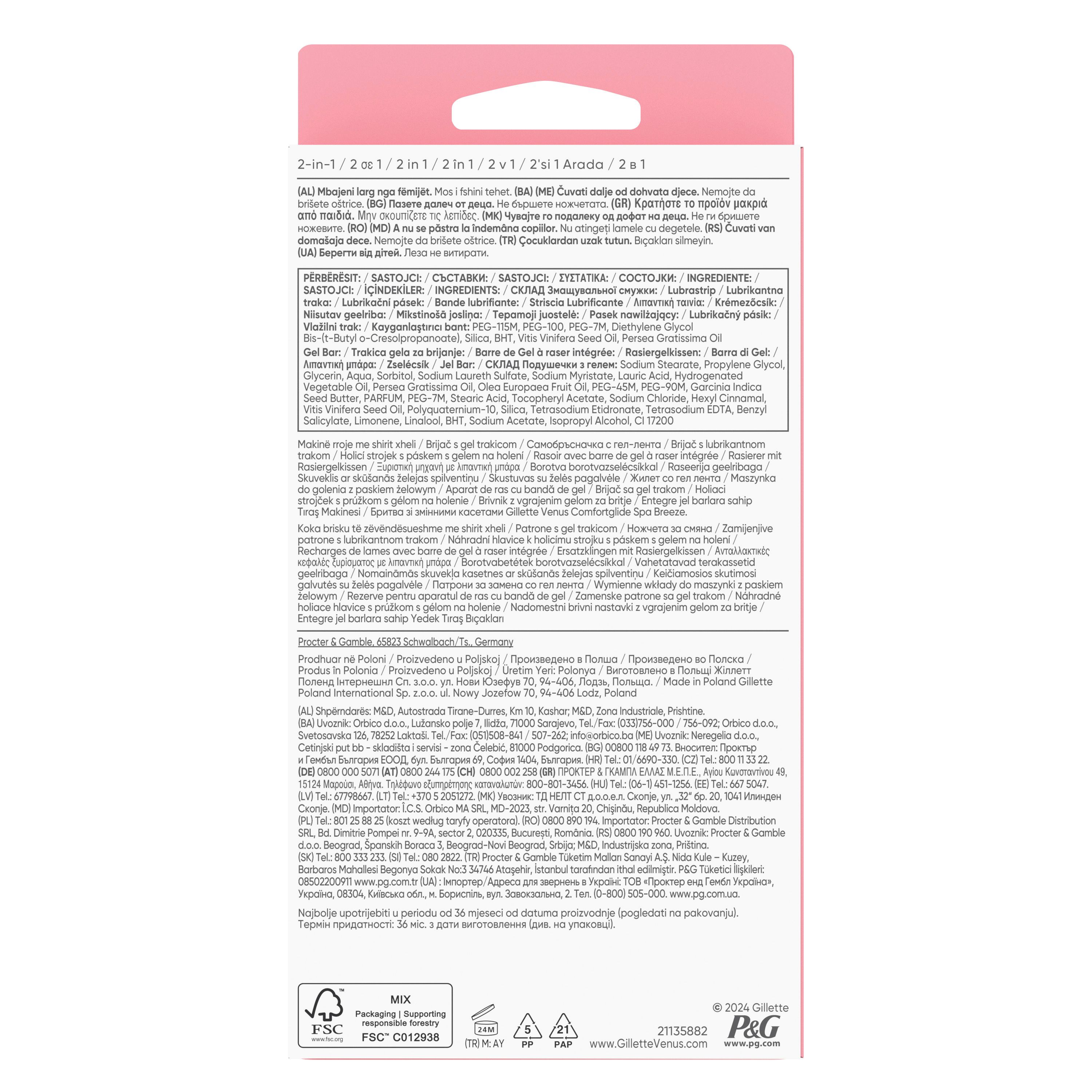 Rückseite der Verpackung des Gillette Venus Rasierers. Text in mehreren Sprachen, Inhaltsstoffe und Herstellerinformationen.