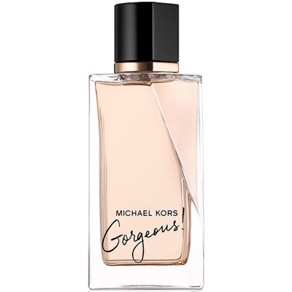 Parfümflasche mit schwarzem Deckel. Aufschrift: MICHAEL KORS Gorgeous!. Transparente Glasflasche mit rosa Flüssigkeit.