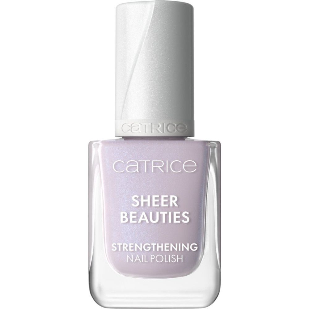 Catrice Sheer Beauties Nagellack, geschlossene Flasche. Helllila Lack, weißer Deckel. Schriftzug.