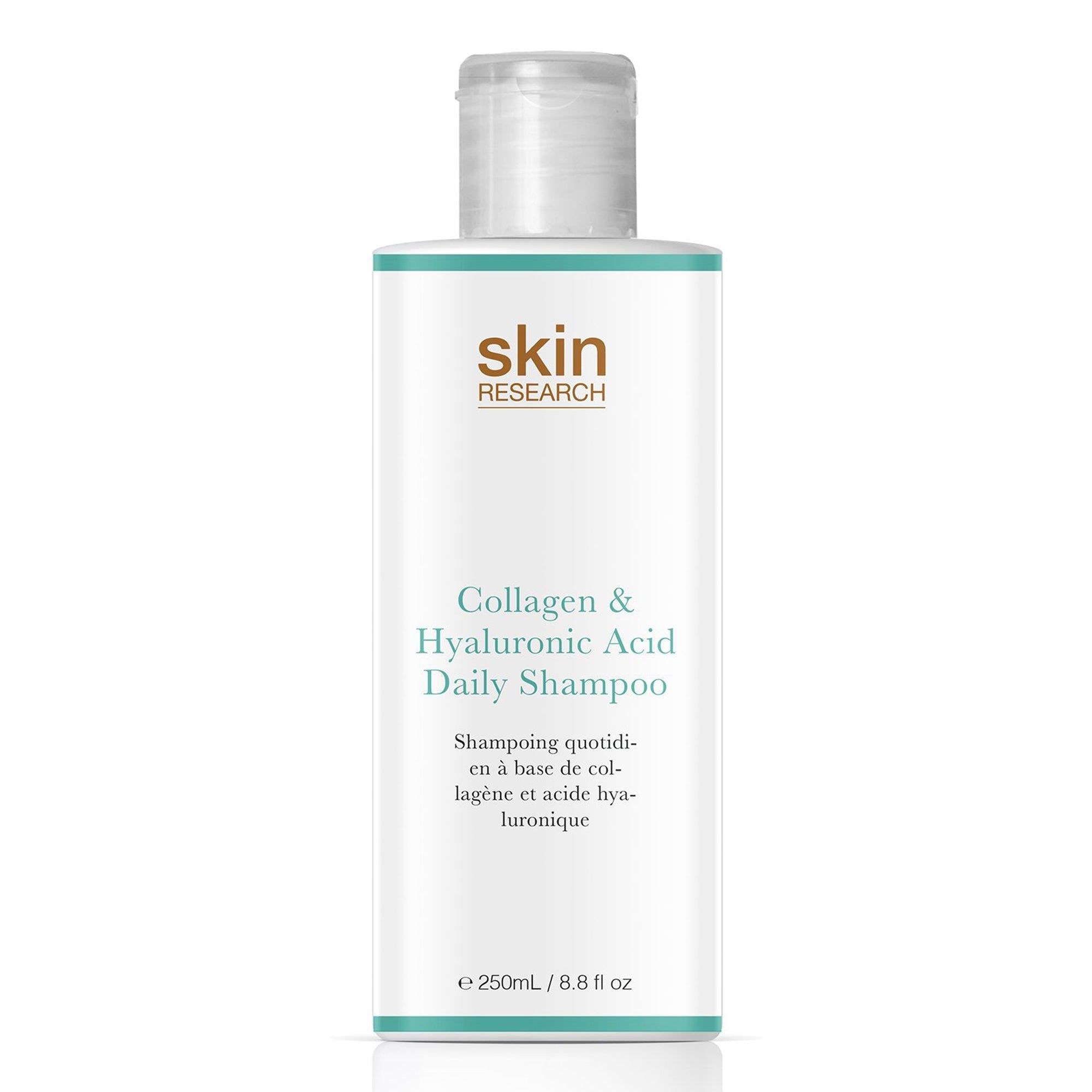 Weißes Shampoo mit blaugrünen Akzenten. Aufschrift: Collagen & Hyaluronsäure Daily Shampoo. Marke: skin RESEARCH.