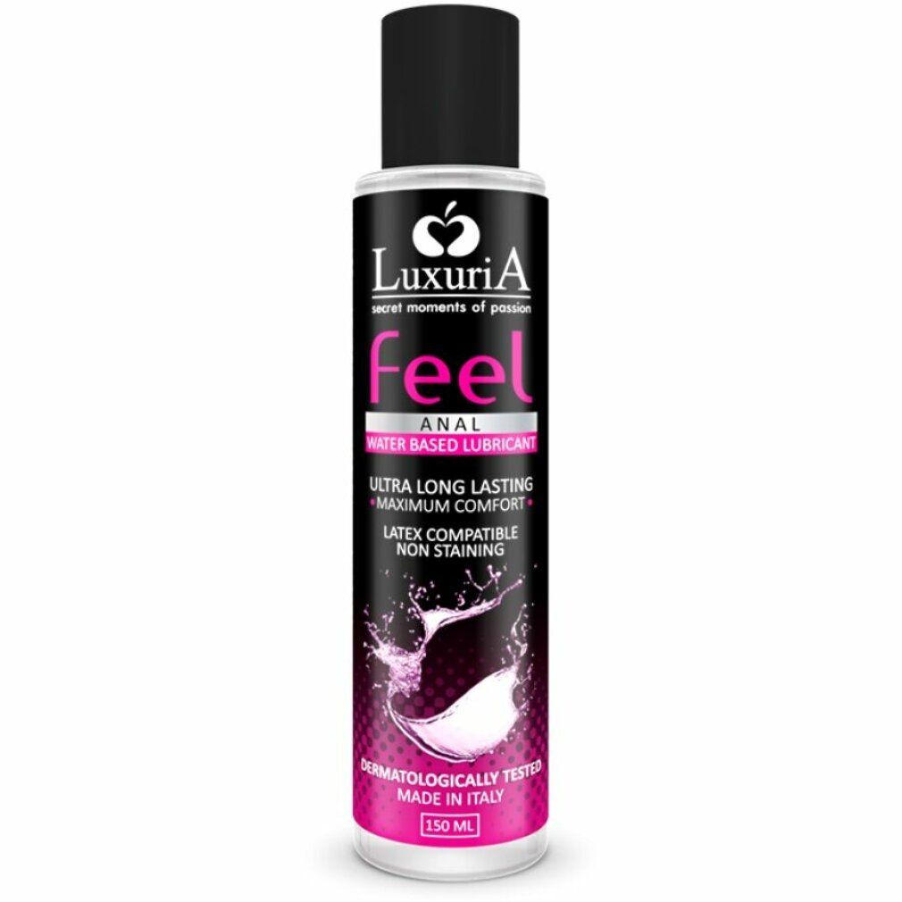 Zylindrische Flasche mit schwarzem Deckel. Aufschrift: Luxuria Feel Anal, Wasserbasiertes Gleitmittel. Rosa und weiße Akzente.