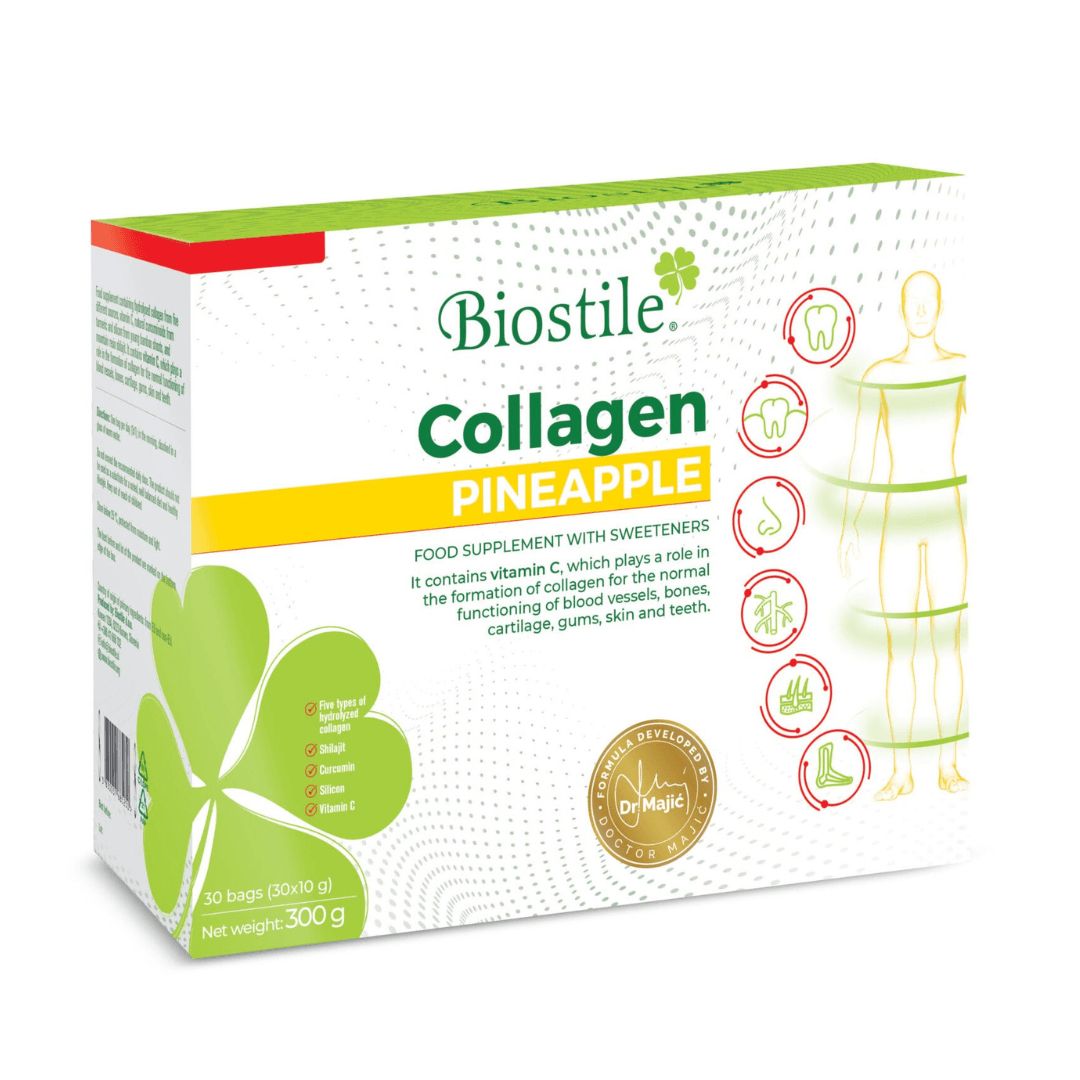 Biostile Collagen Pineapple: Karton mit 30 Beuteln, Vitamin C, 5 Kollagenquellen.