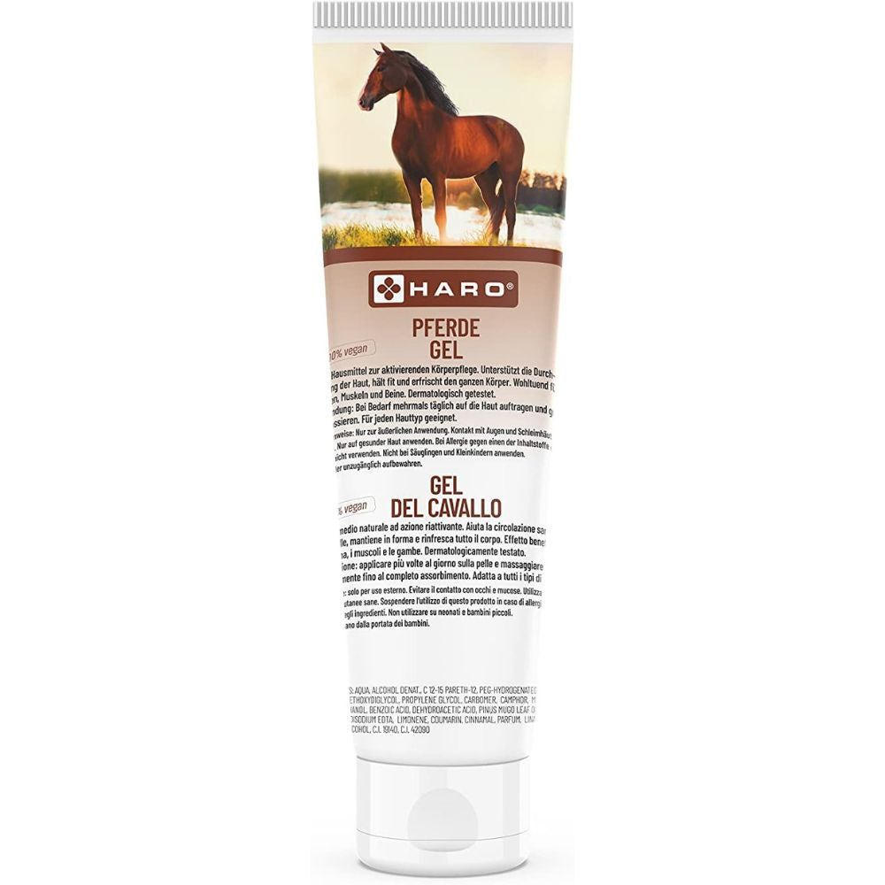Tube mit Haro Pferde Gel. Oben ein braunes Pferd. Text: Haro Pferde Gel, Gel del Cavallo.